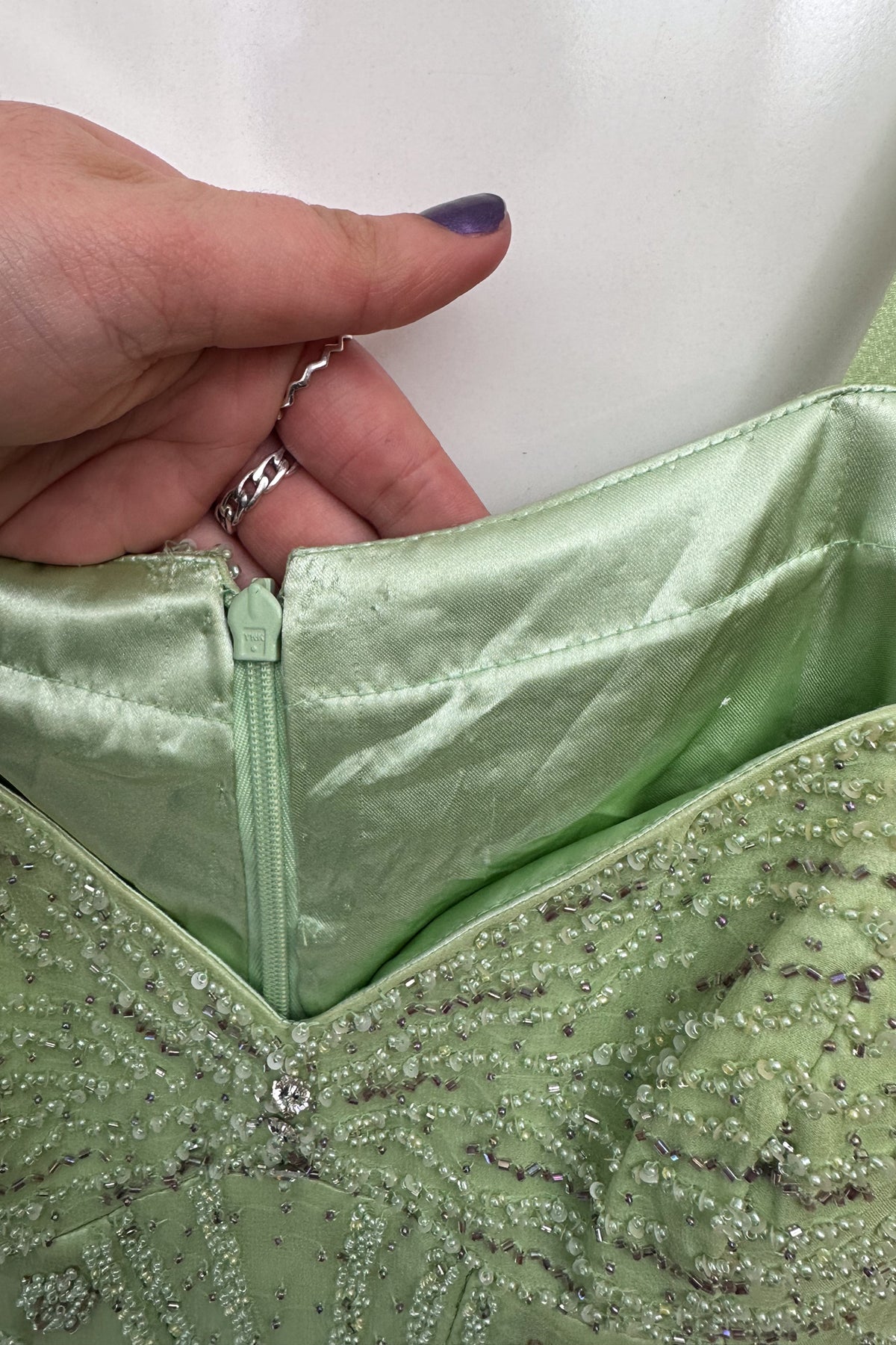 #169 Rare Beaded Silk Corset Gown Green | c. 208 | Size 10