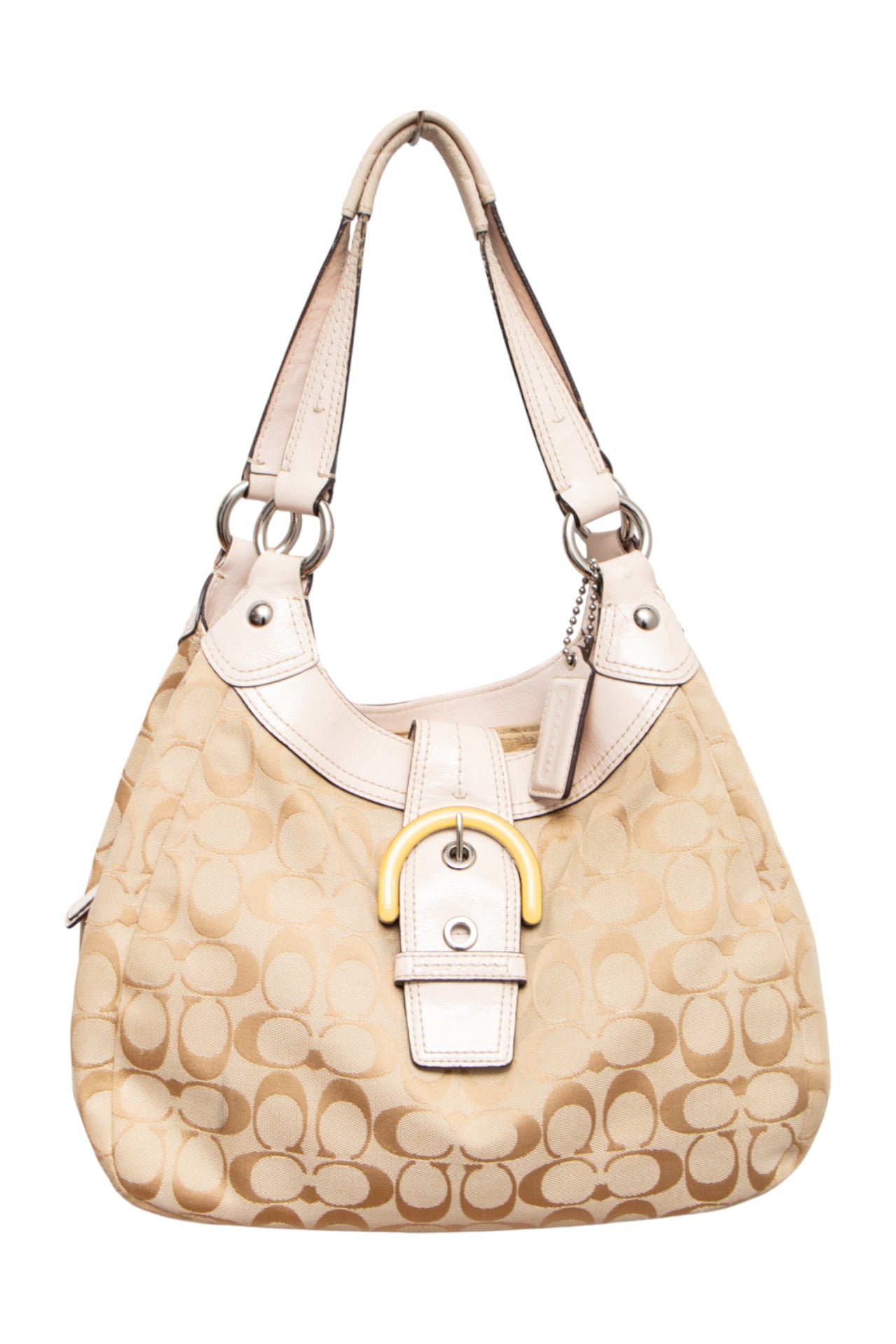#232 Coach monogram cream/pink buckle bag | c. 165