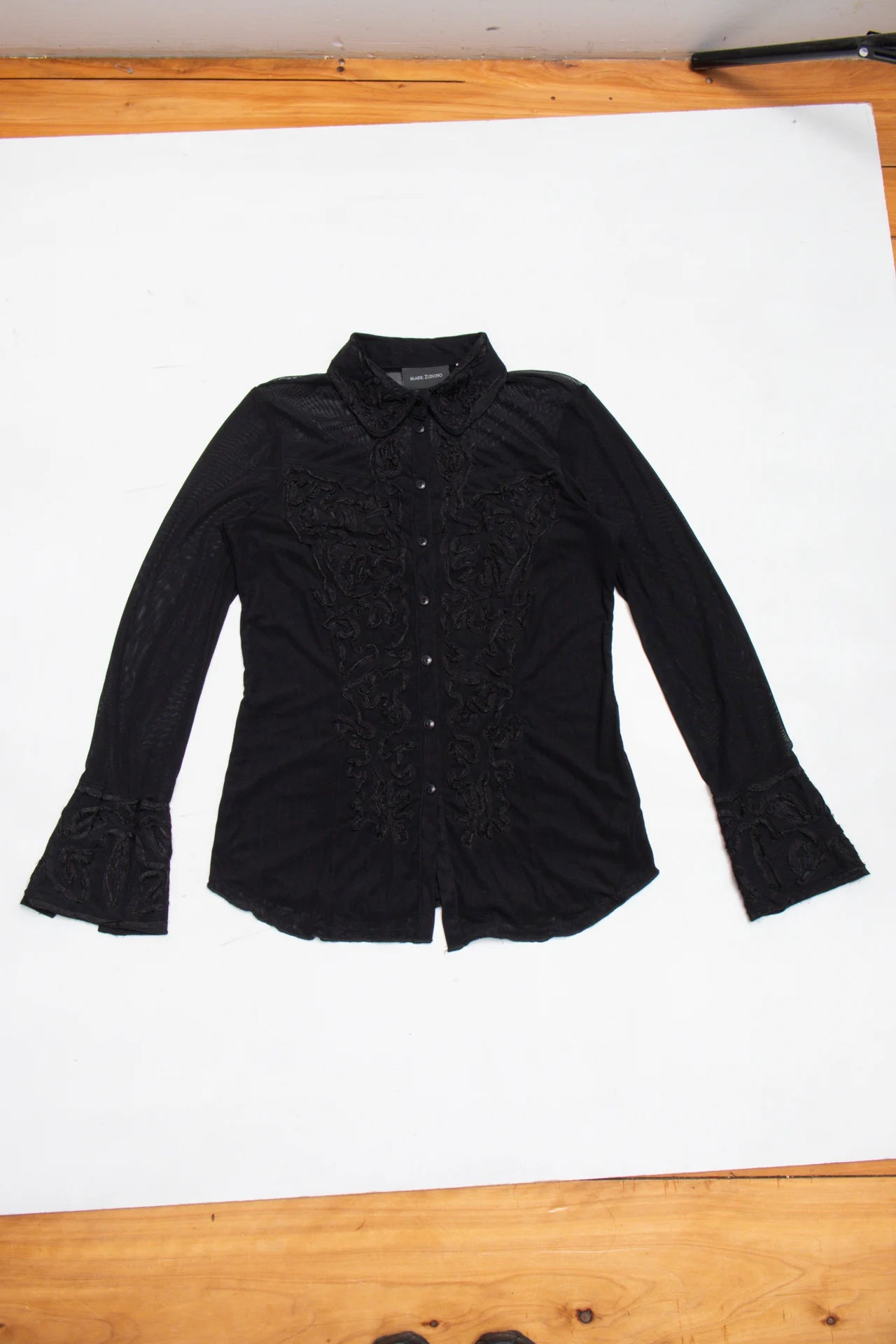 Mark Zunino Embroidered Mesh Button-up Shirt Black | c. 166 | Size 6/10