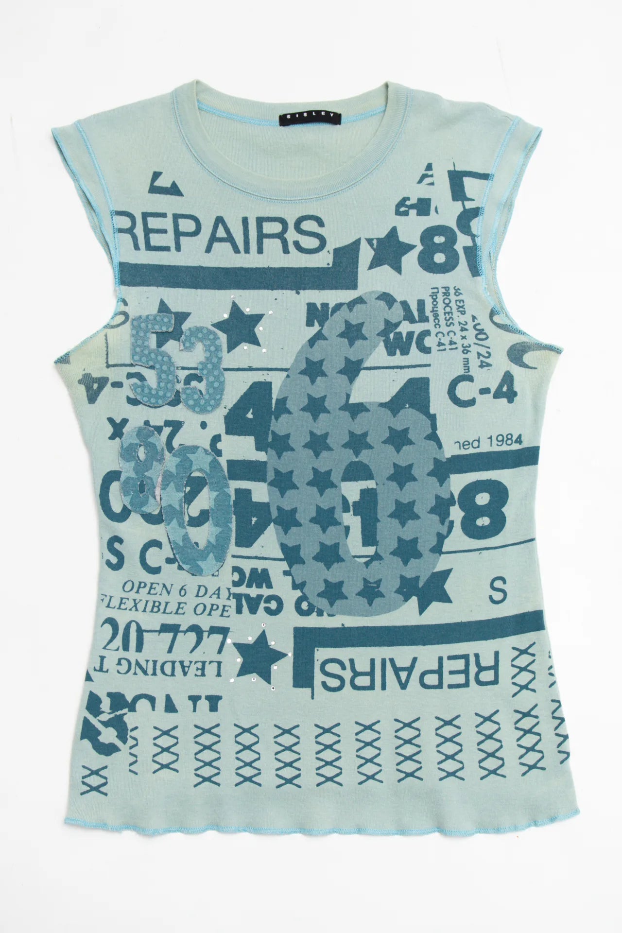 Sisley Graphic Sleeveless Tee Blue | c. 167 | Size 8
