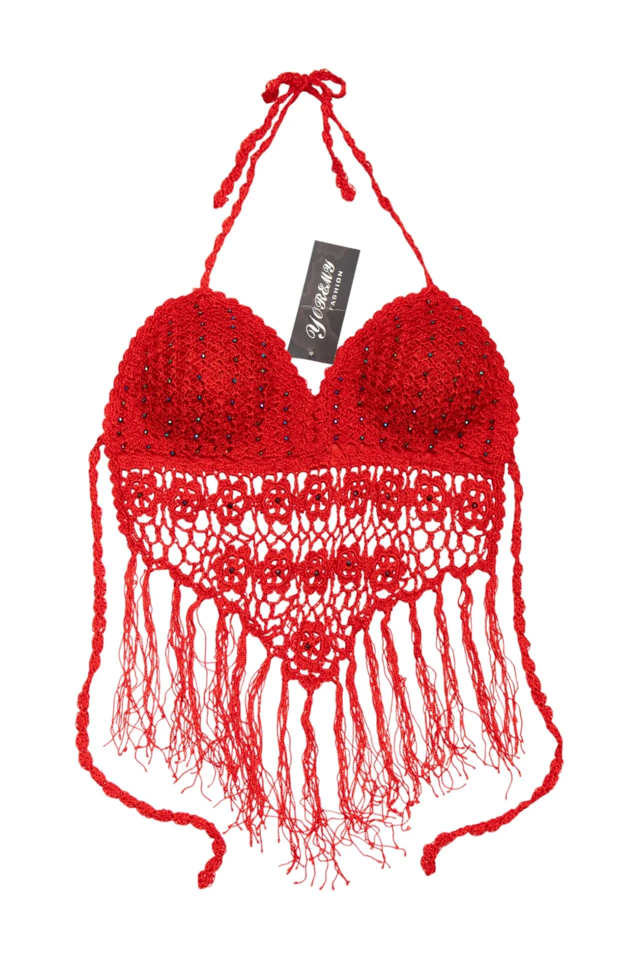 #02 Baolijia Crochet Halter Crop Top Red