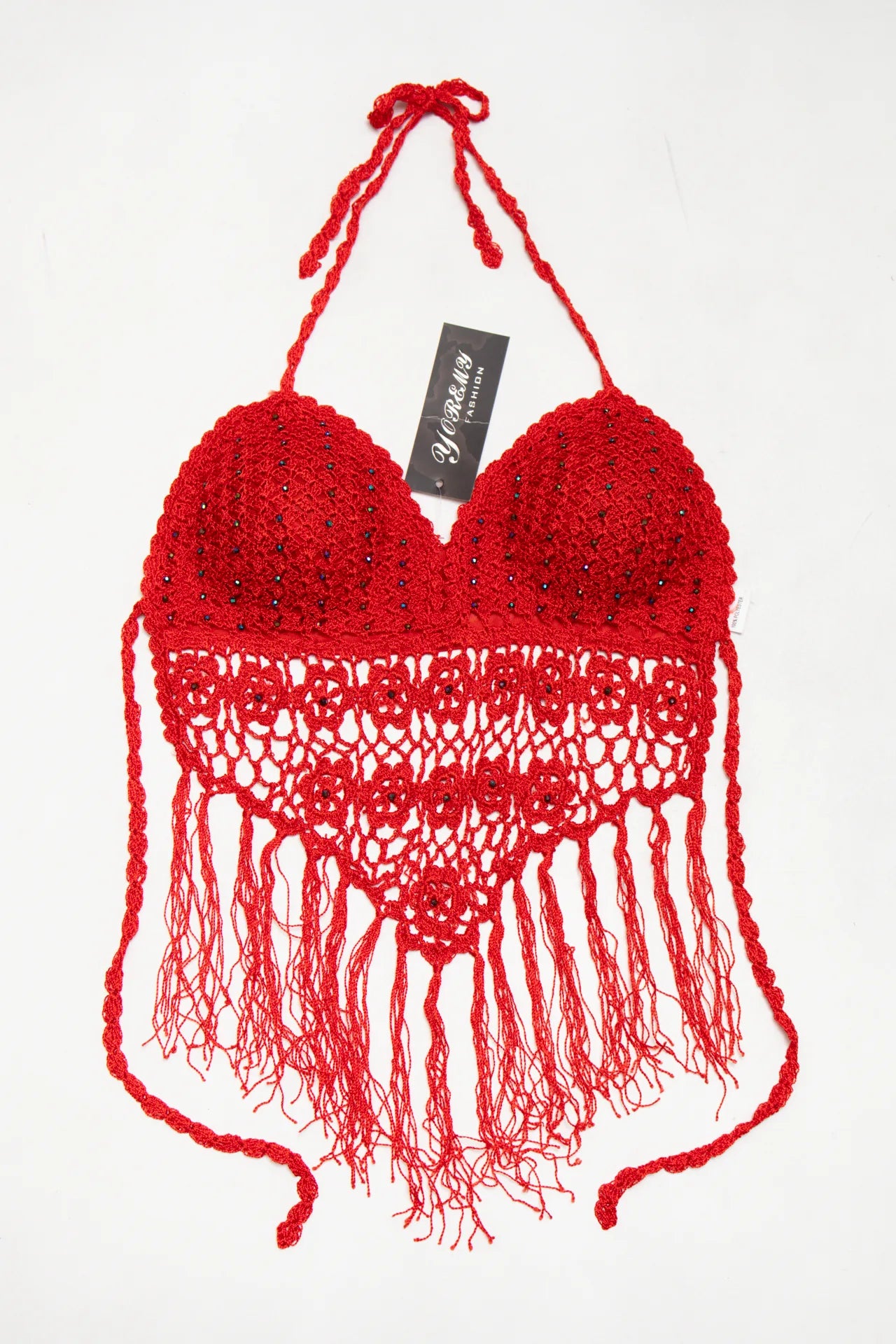 #02 Baolijia Crochet Halter Crop Top Red