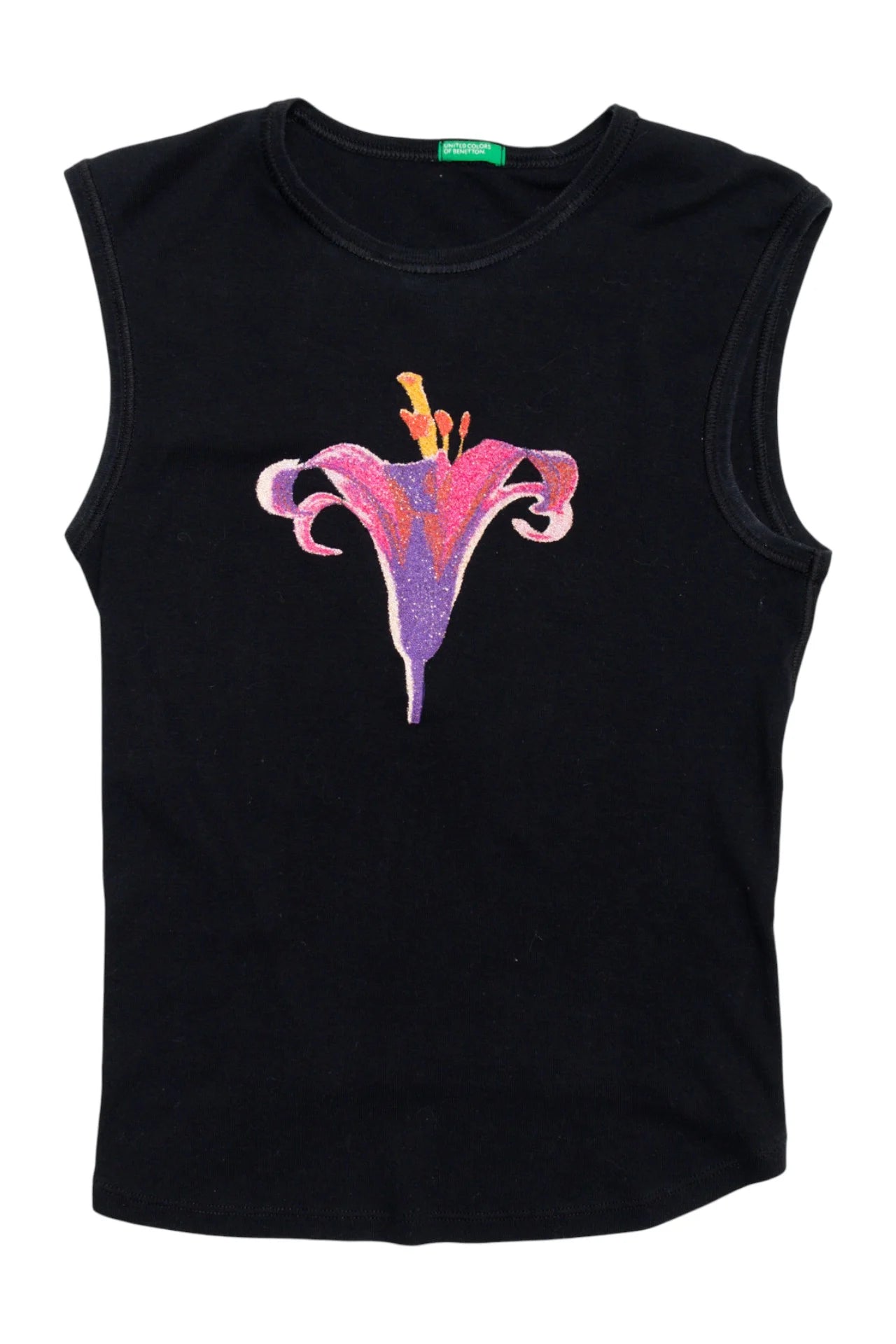 #118 United Colors Of Benetton Sleeveless Graphic Knit Top Black | c. 170 | Size 8