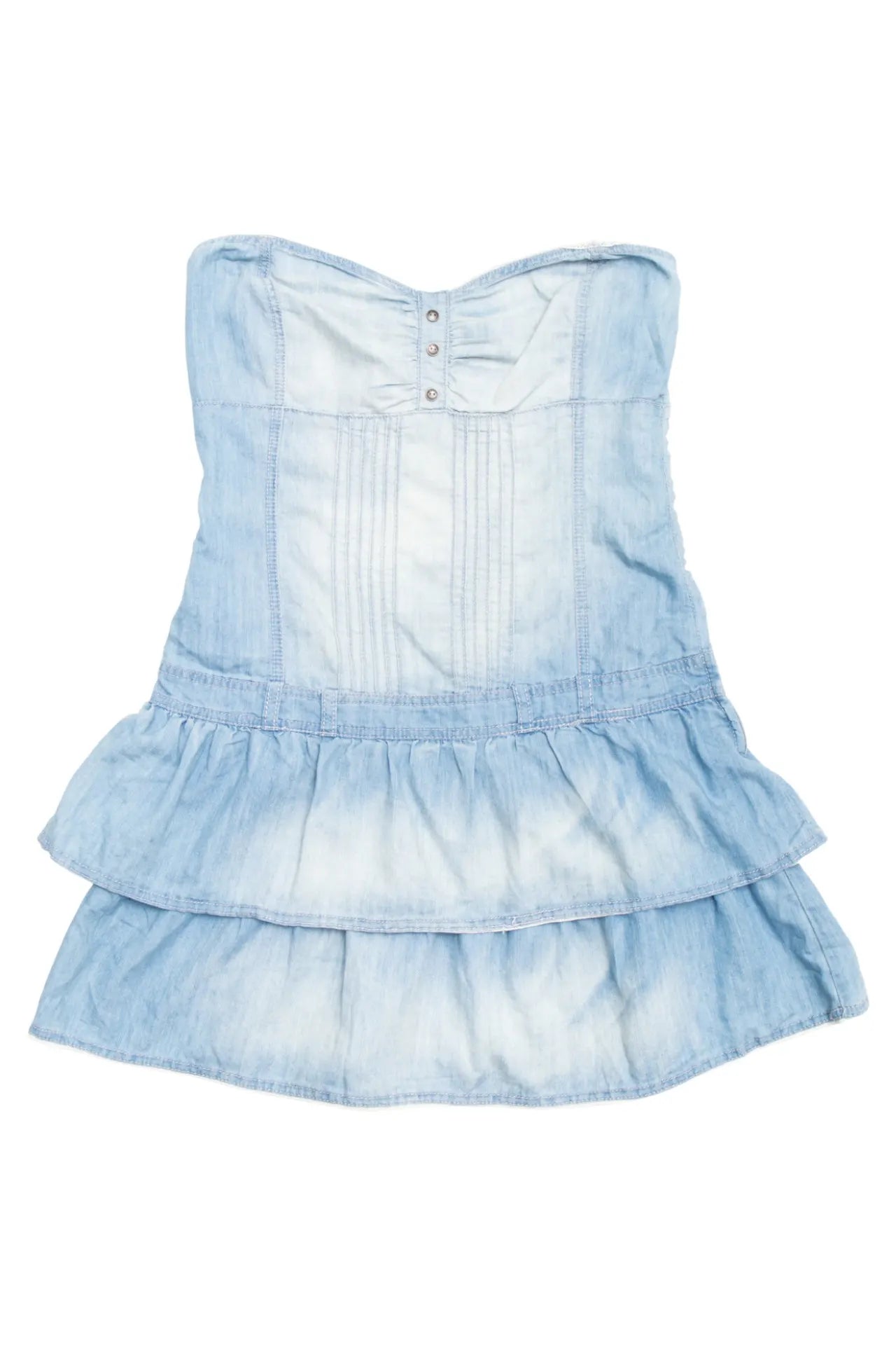#149 Bianco Strapless Light Wash Denim Ruffle Mini Dress Blue | c. 170 | Size 10