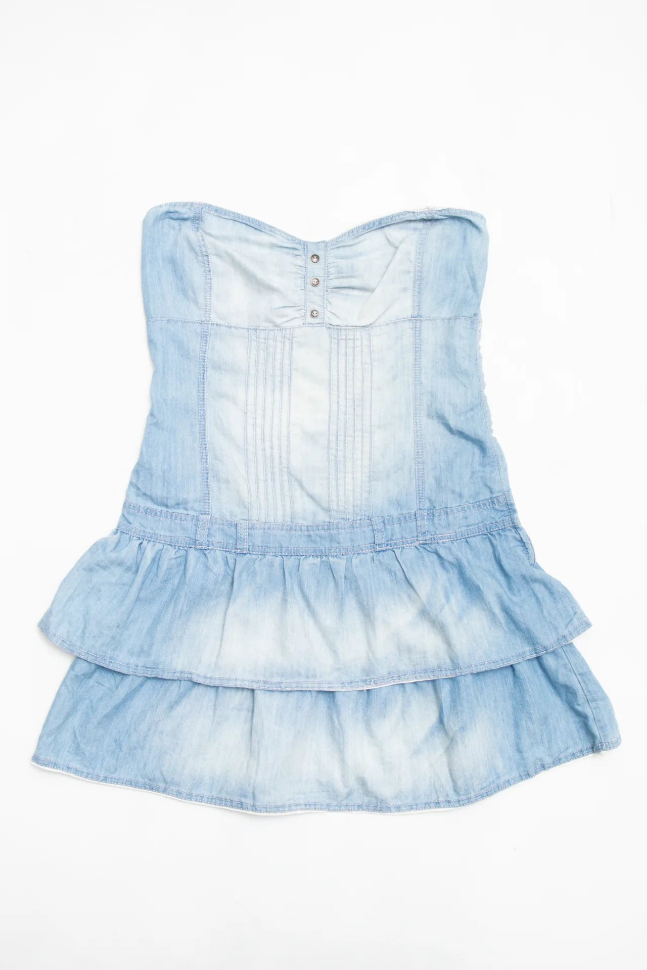 #149 Bianco Strapless Light Wash Denim Ruffle Mini Dress Blue | c. 170 | Size 10