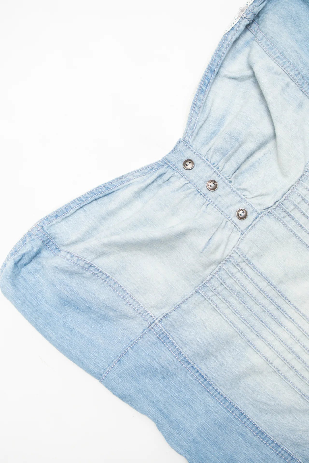 #149 Bianco Strapless Light Wash Denim Ruffle Mini Dress Blue | c. 170 | Size 10