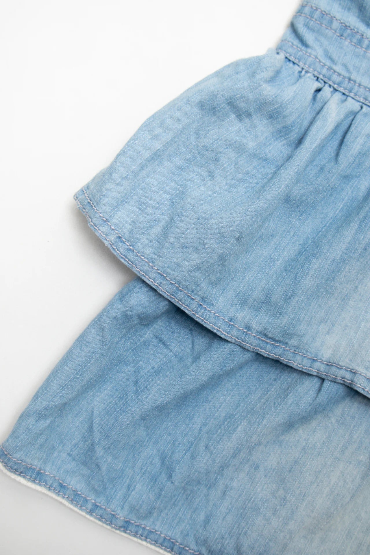 #149 Bianco Strapless Light Wash Denim Ruffle Mini Dress Blue | c. 170 | Size 10