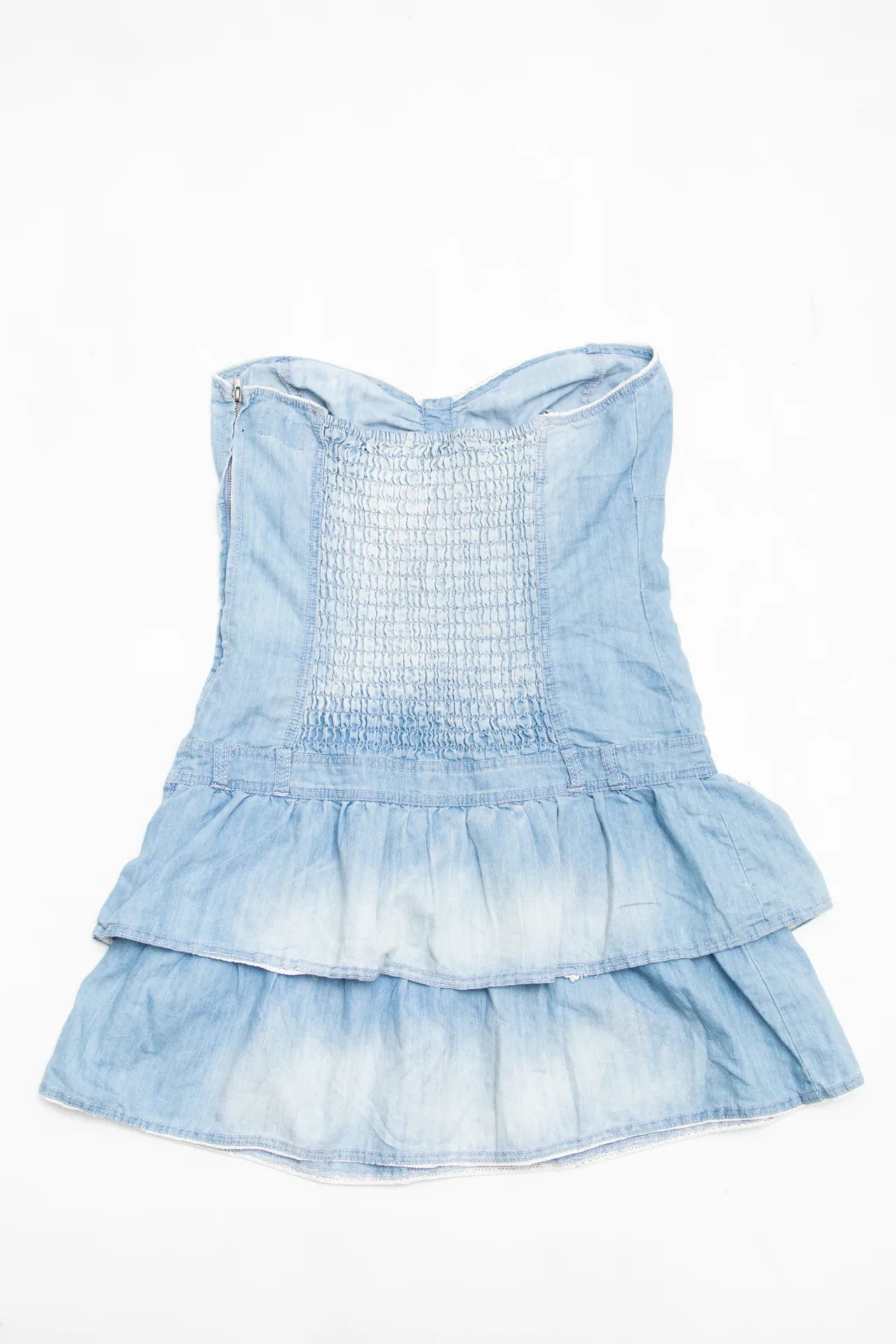 #149 Bianco Strapless Light Wash Denim Ruffle Mini Dress Blue | c. 170 | Size 10