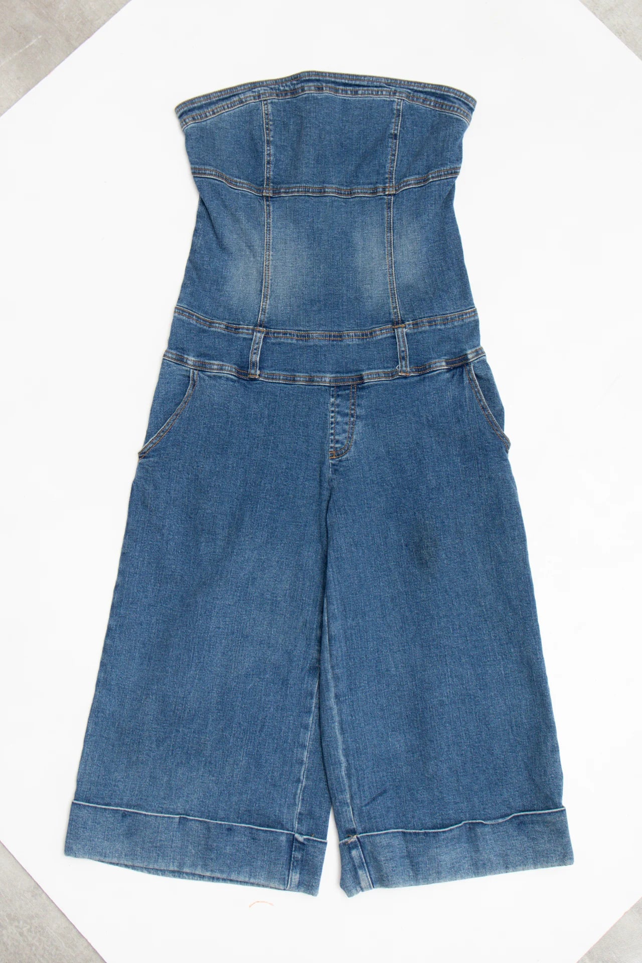 #151 Hot Kiss Strapless Wide-leg Cropped Denim Jumpsuit Blue | c. 170 | Size 10