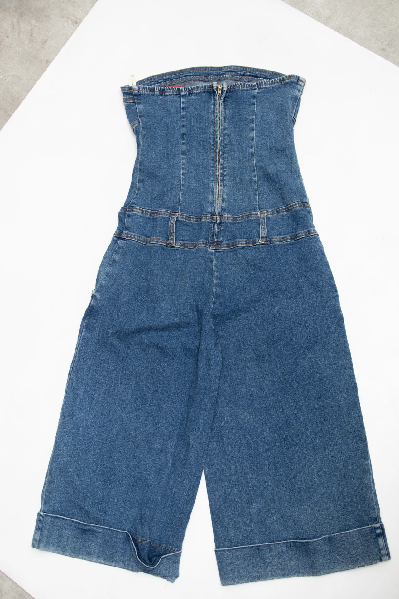 #151 Hot Kiss Strapless Wide-leg Cropped Denim Jumpsuit Blue | c. 170 | Size 10