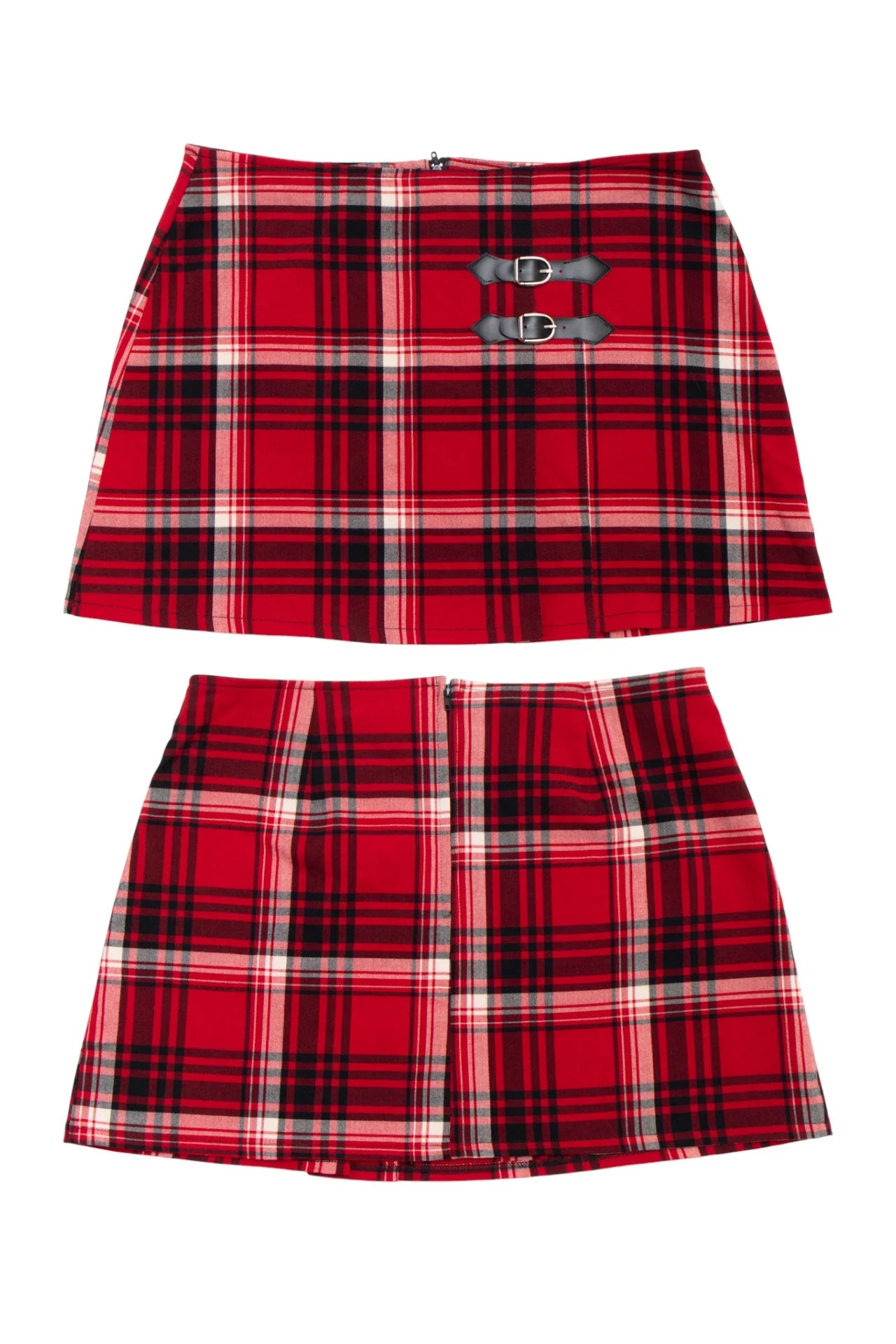 #164 Rag Plaid Buckle Mini Skirt Red | c. 170 | Size 8