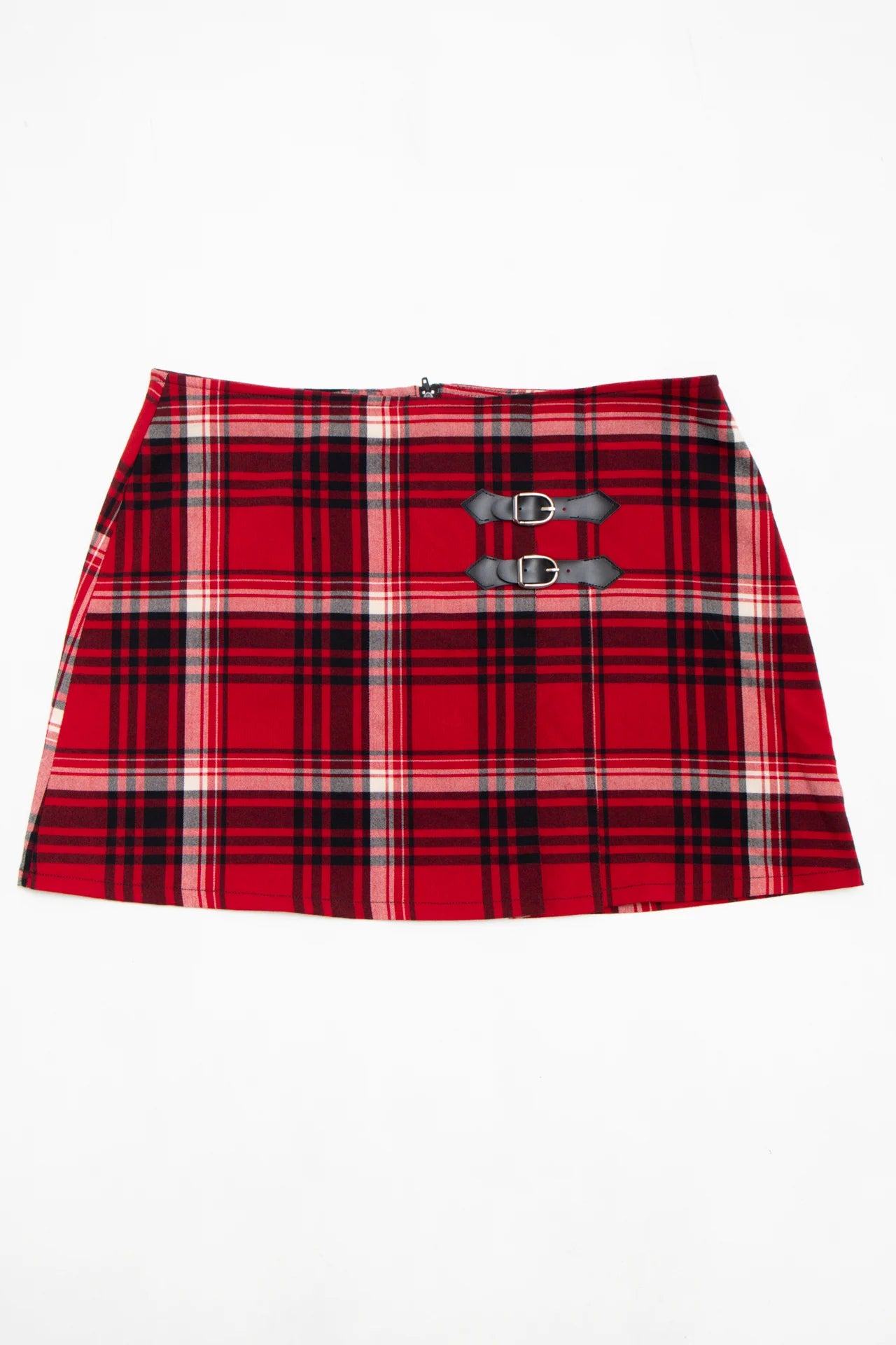 #164 Rag Plaid Buckle Mini Skirt Red | c. 170 | Size 8