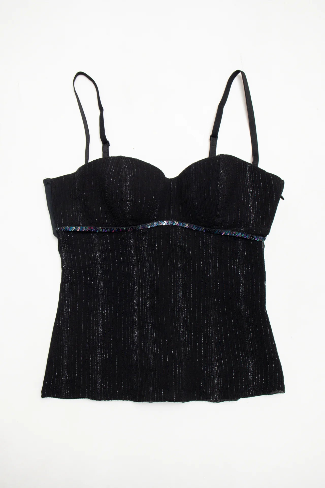 #82 Intimissimi Sequin-trimmed Pinstripe Camisole Top Black | c. 171 | Size 10