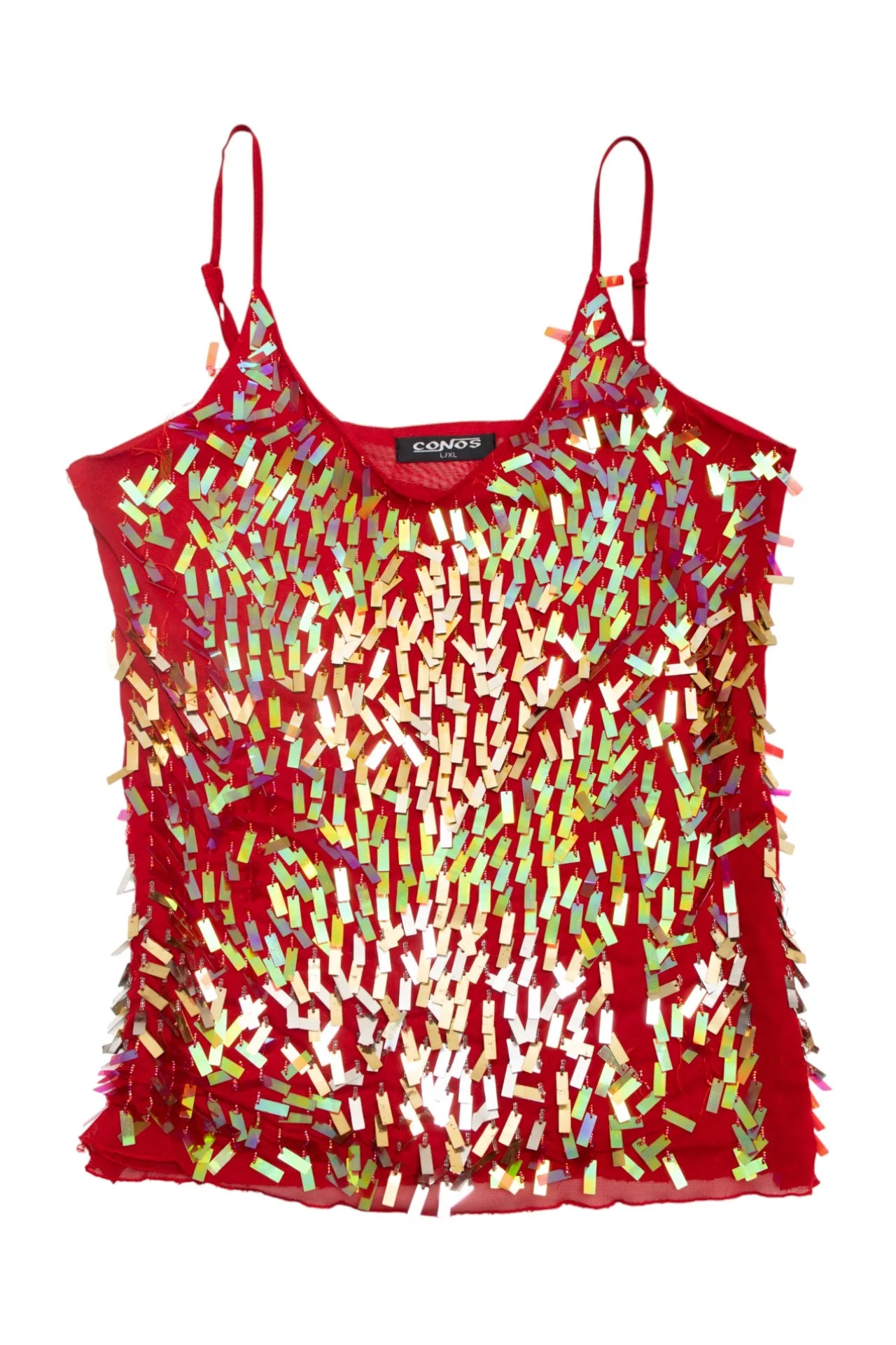 #20 Conos Holographic Sequin Mesh Camisole Top Red | c. 172 | Size 12/14