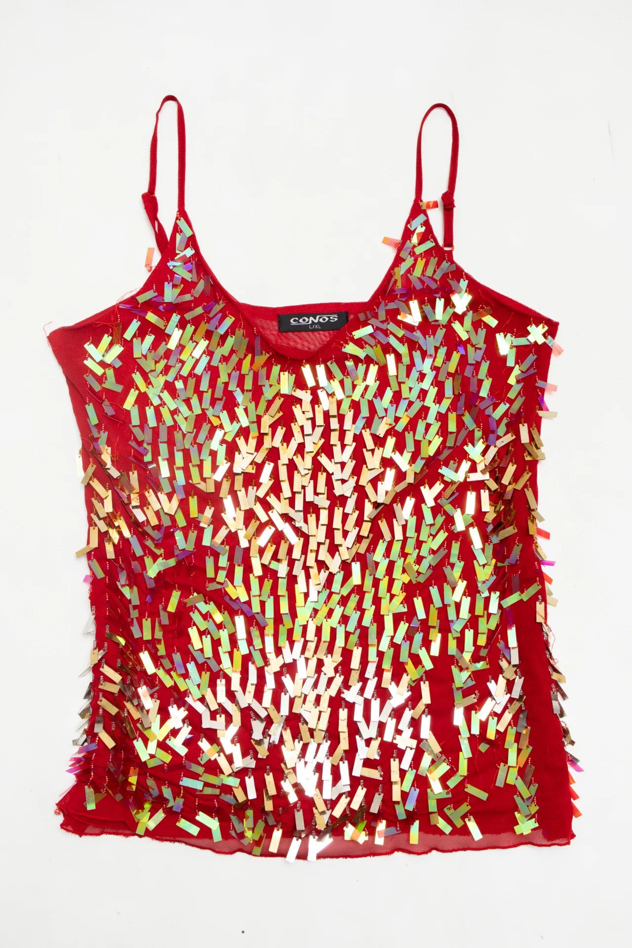 #20 Conos Holographic Sequin Mesh Camisole Top Red | c. 172 | Size 12/14