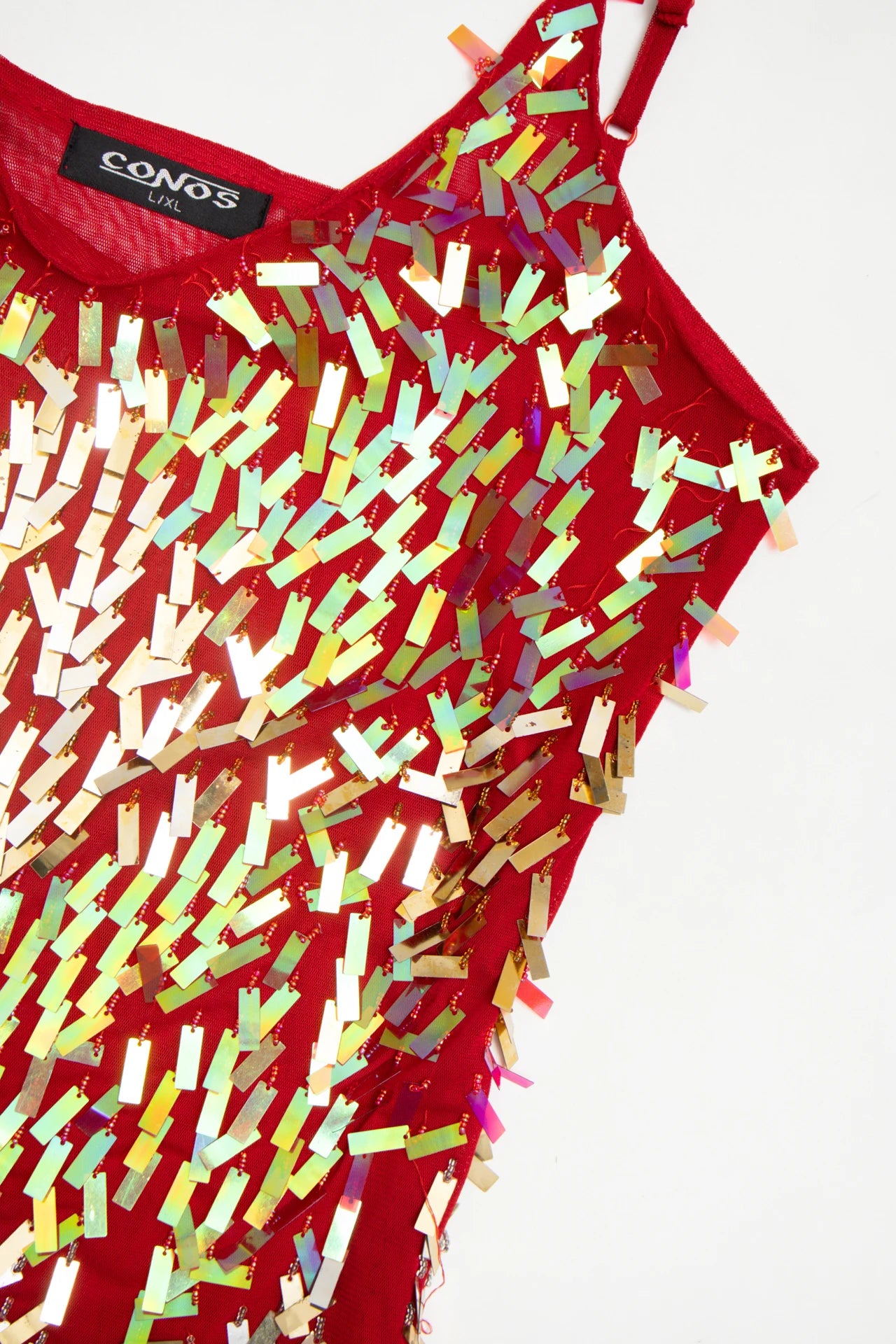 #20 Conos Holographic Sequin Mesh Camisole Top Red | c. 172 | Size 12/14