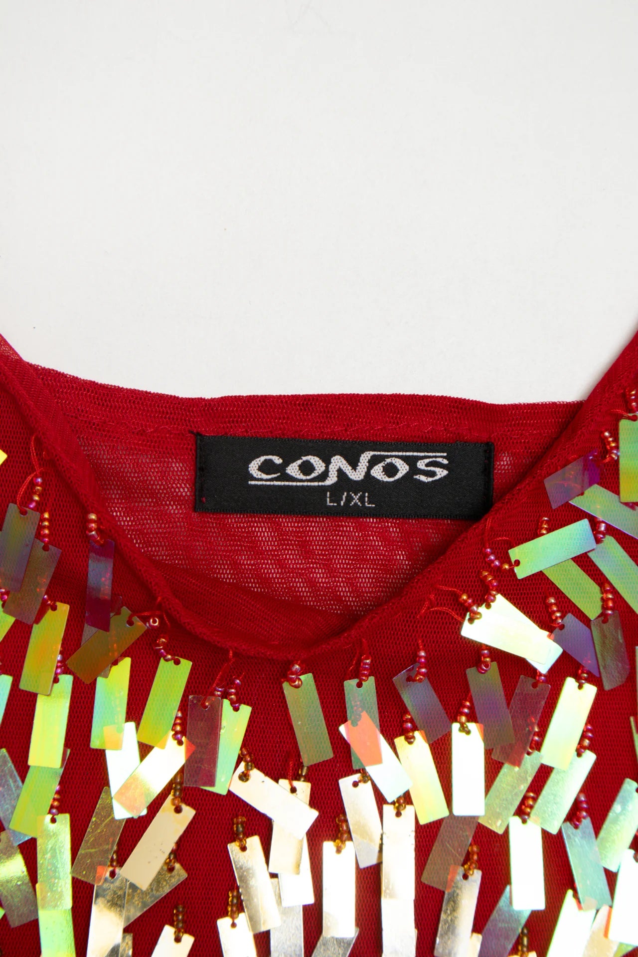 #20 Conos Holographic Sequin Mesh Camisole Top Red | c. 172 | Size 12/14