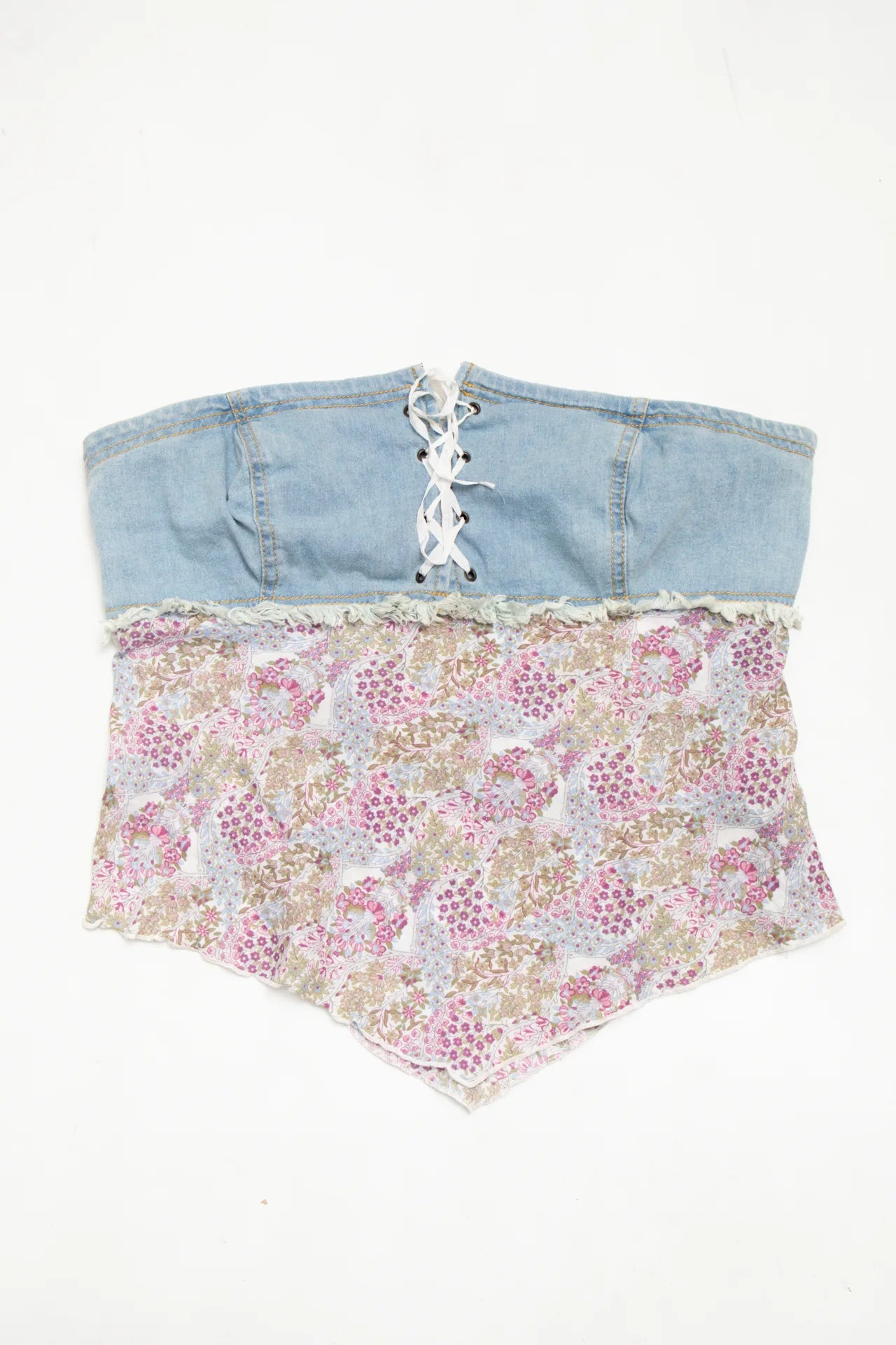 #68 Faang Strapless Denim And Floral Corset Top Blue | c. 172 | Size 12