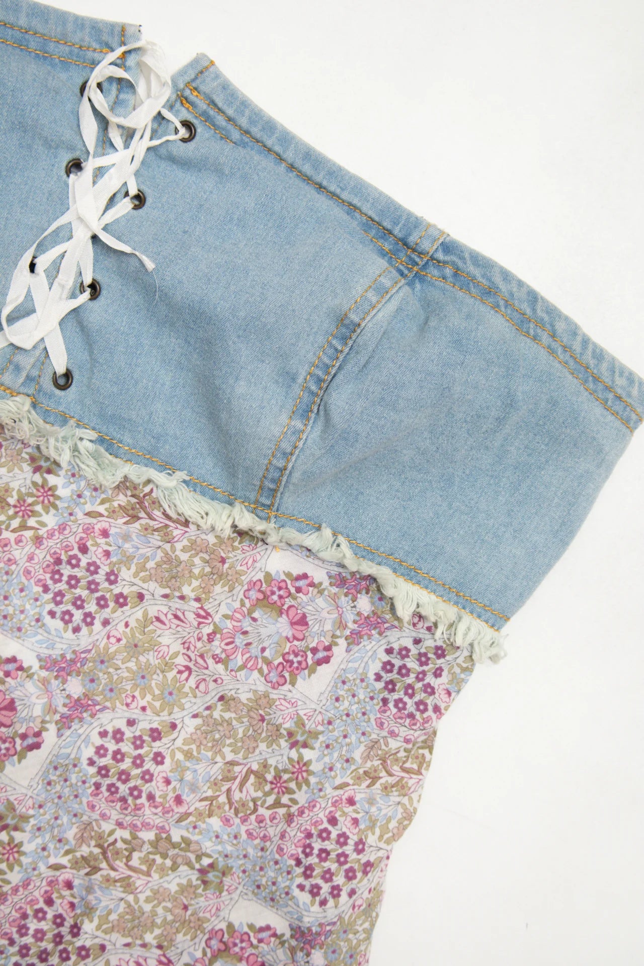 #68 Faang Strapless Denim And Floral Corset Top Blue | c. 172 | Size 12