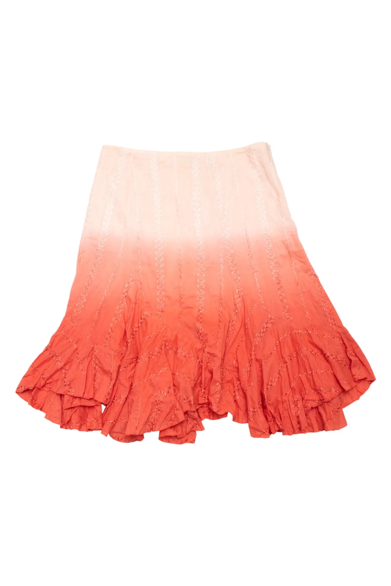 #114 Willow Blossom Ombre Embroidered Ruffle Hem Skirt Orange | c. 172 | Size 8