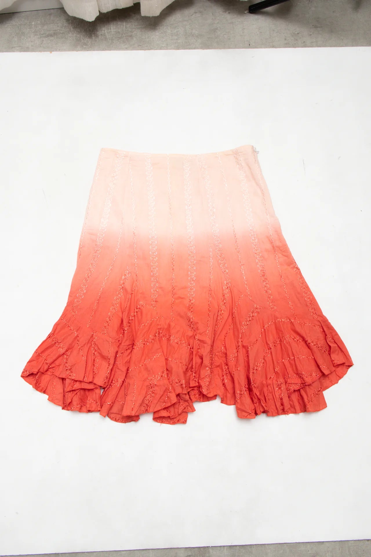 #114 Willow Blossom Ombre Embroidered Ruffle Hem Skirt Orange | c. 172 | Size 8