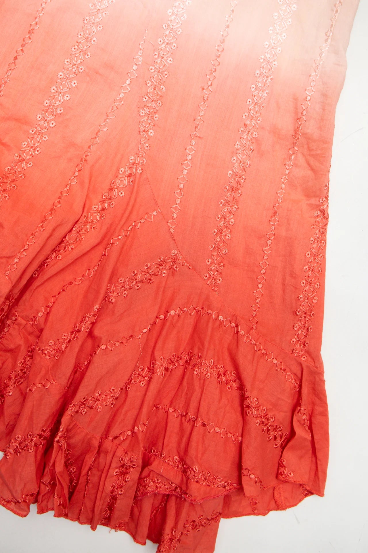 #114 Willow Blossom Ombre Embroidered Ruffle Hem Skirt Orange | c. 172 | Size 8
