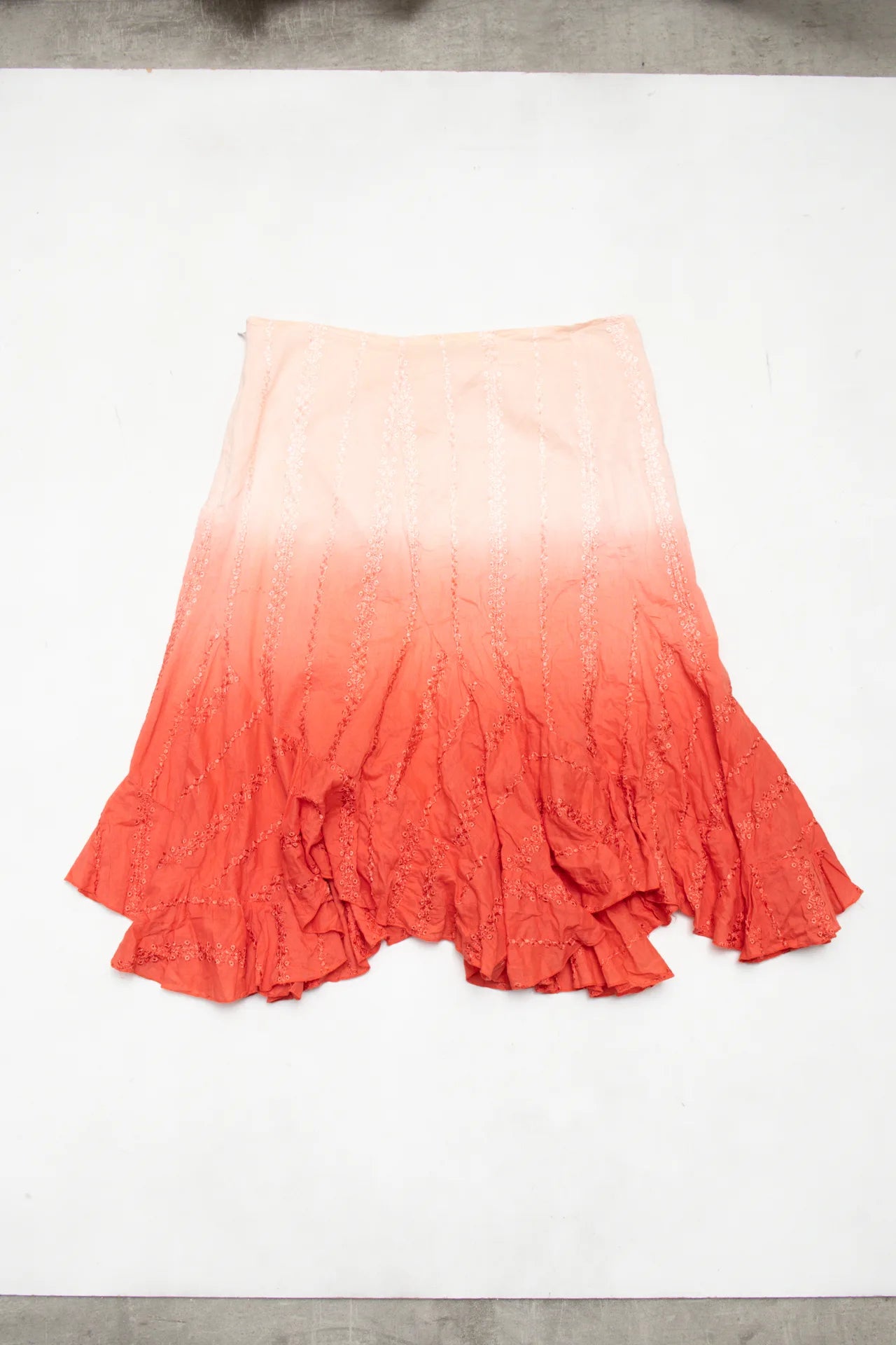 #114 Willow Blossom Ombre Embroidered Ruffle Hem Skirt Orange | c. 172 | Size 8