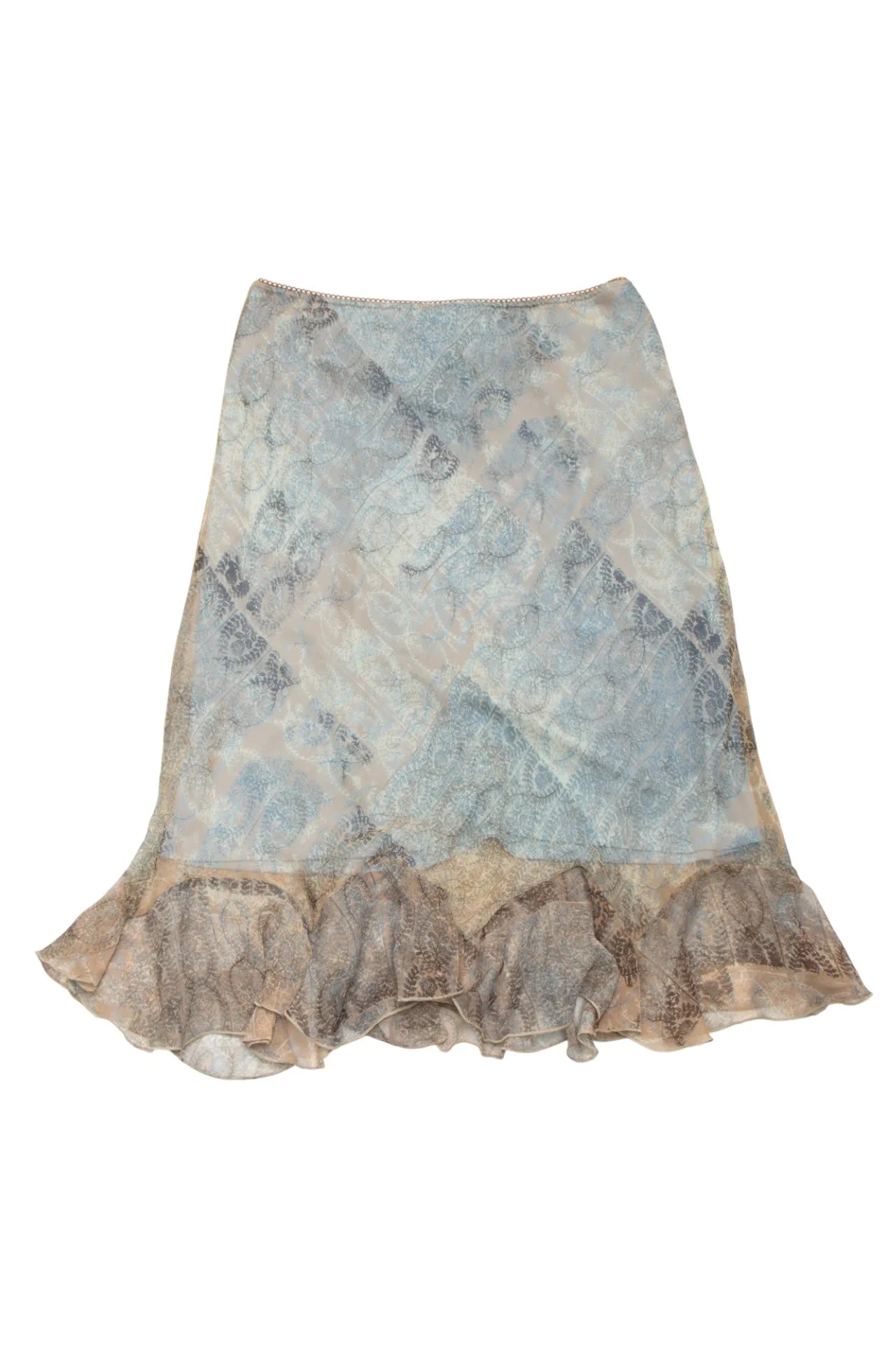 #123 La Belle Chiffon Printed Ruffle Hem Midi Skirt Blue | c. 172 | Size 8/10