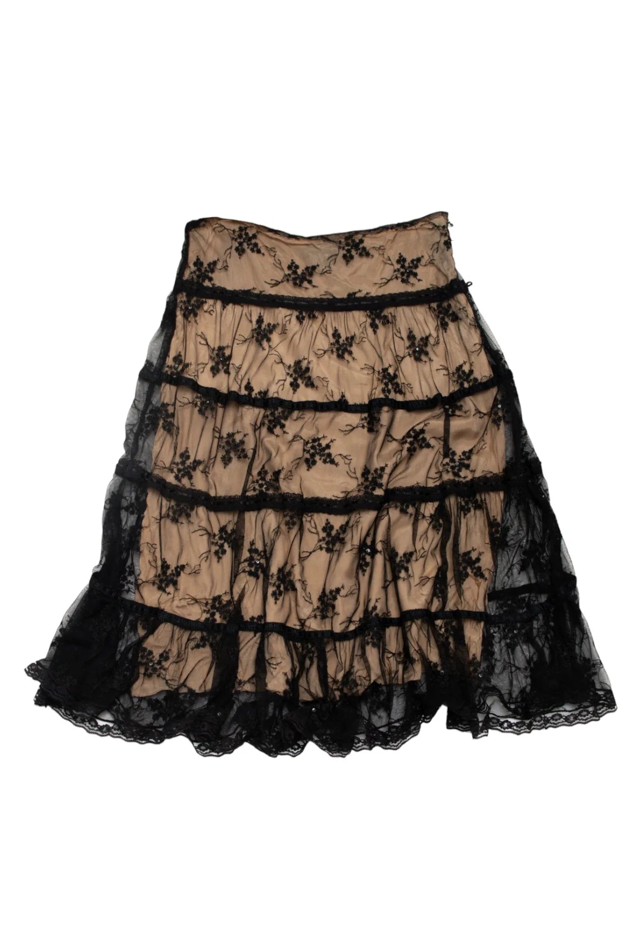 #125 Angie Tiered Black Lace Overlay Midi Skirt Black | c. 172 | Size 8/10