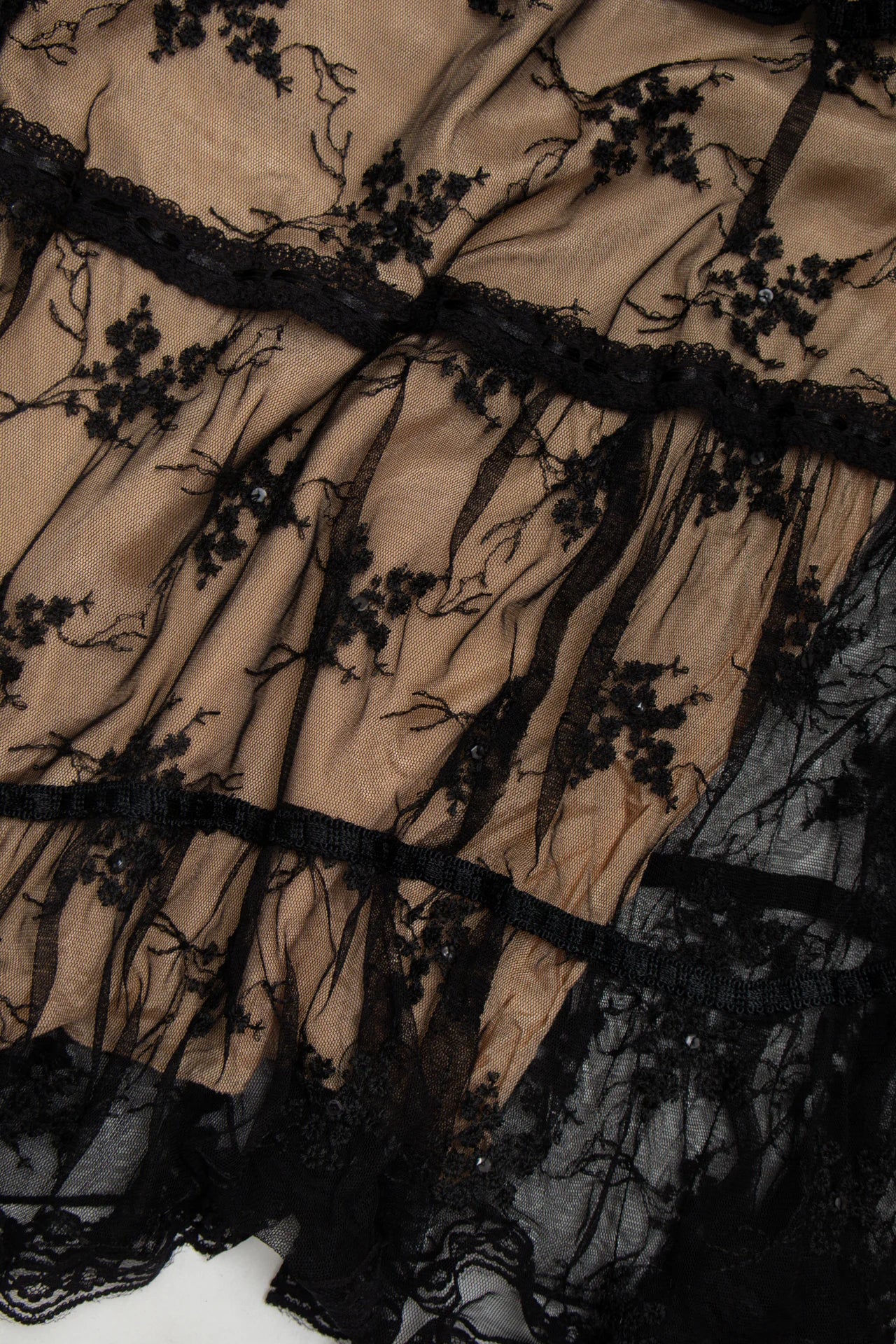 #125 Angie Tiered Black Lace Overlay Midi Skirt Black | c. 172 | Size 8/10