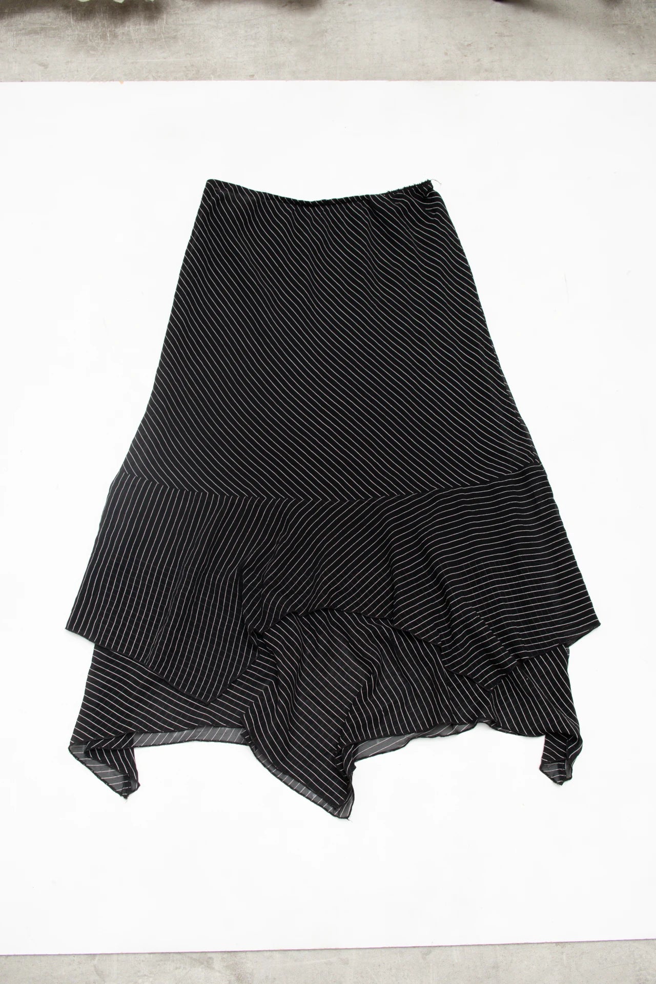 #126 Lapis Asymmetrical Pinstripe Midi Skirt Black | c. 172 | Size 10