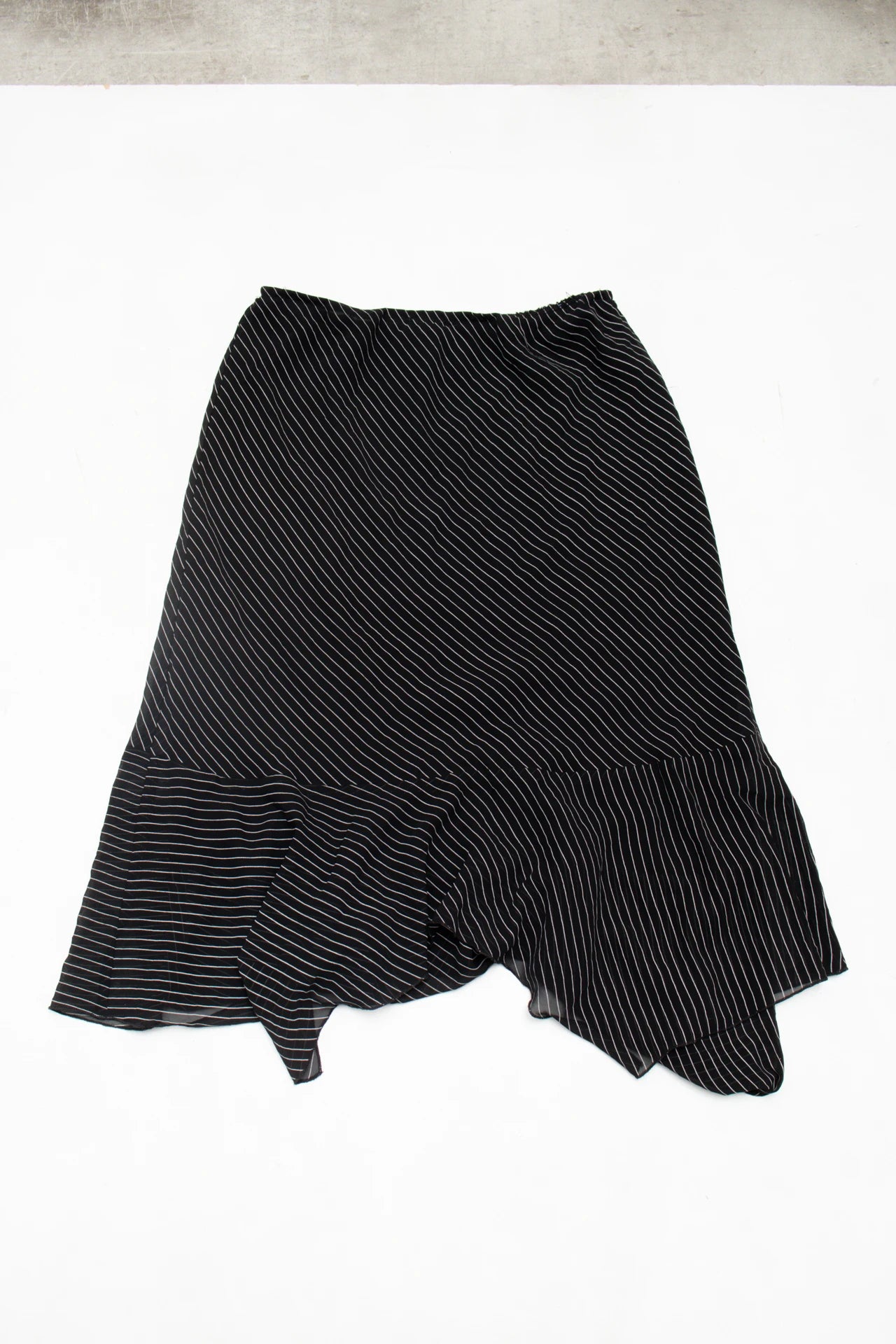 #126 Lapis Asymmetrical Pinstripe Midi Skirt Black | c. 172 | Size 10