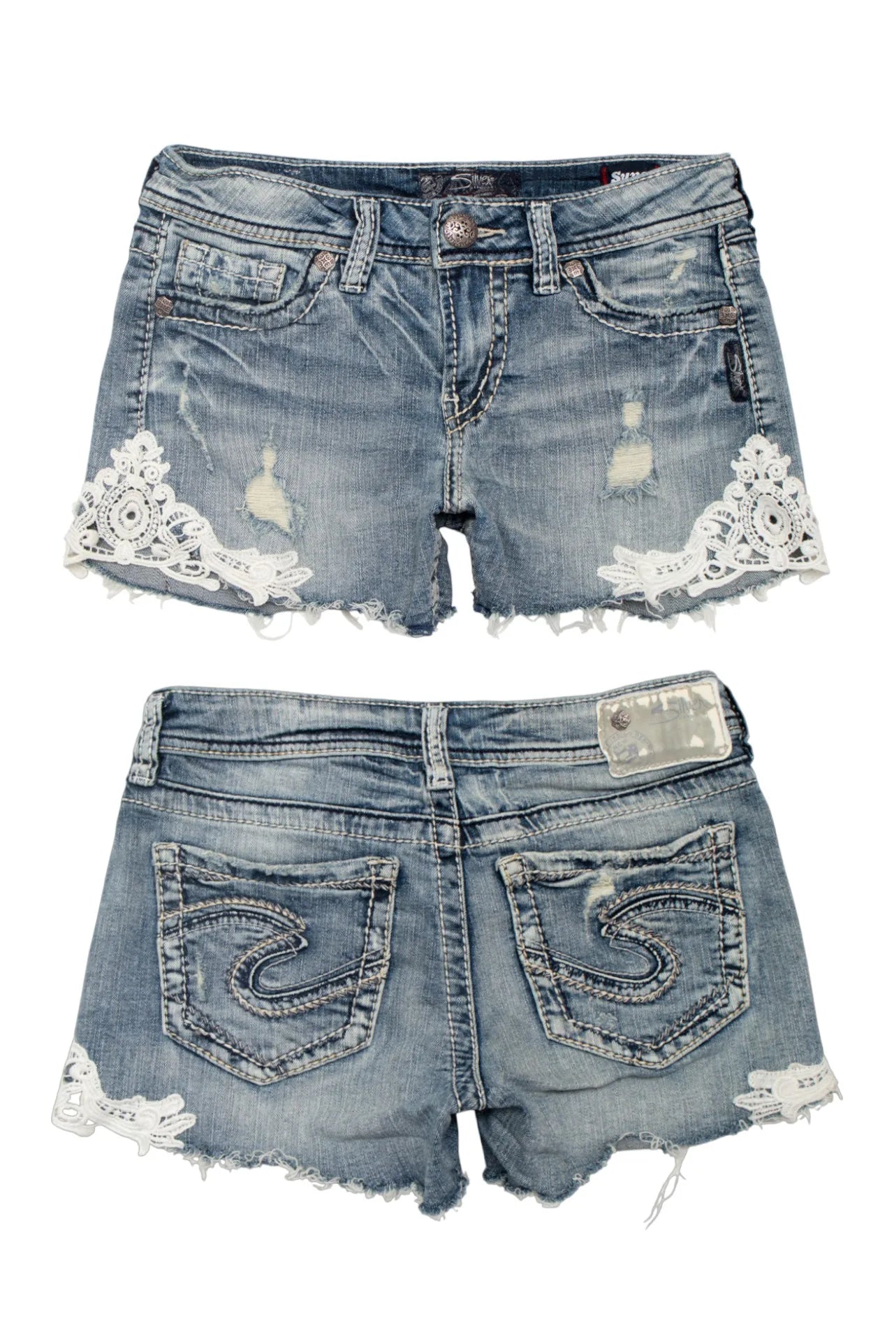#199 Silver Jeans Co. Denim Lace-trim Cut-off Shorts Blue | c. 172 | Size 6