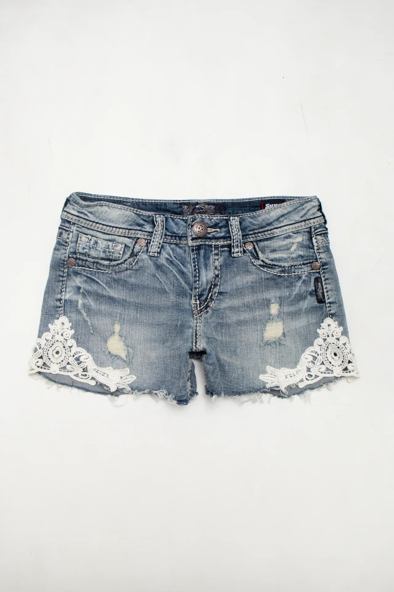 #199 Silver Jeans Co. Denim Lace-trim Cut-off Shorts Blue | c. 172 | Size 6