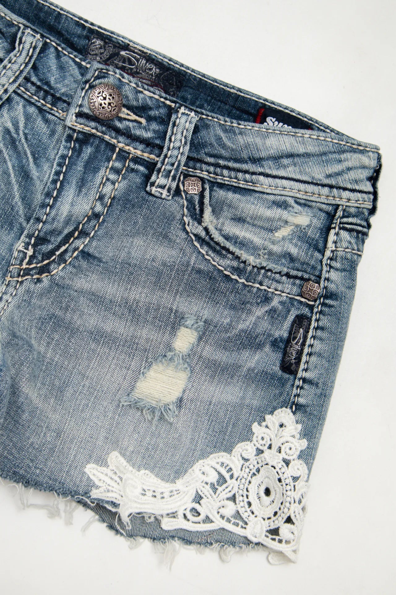 #199 Silver Jeans Co. Denim Lace-trim Cut-off Shorts Blue | c. 172 | Size 6