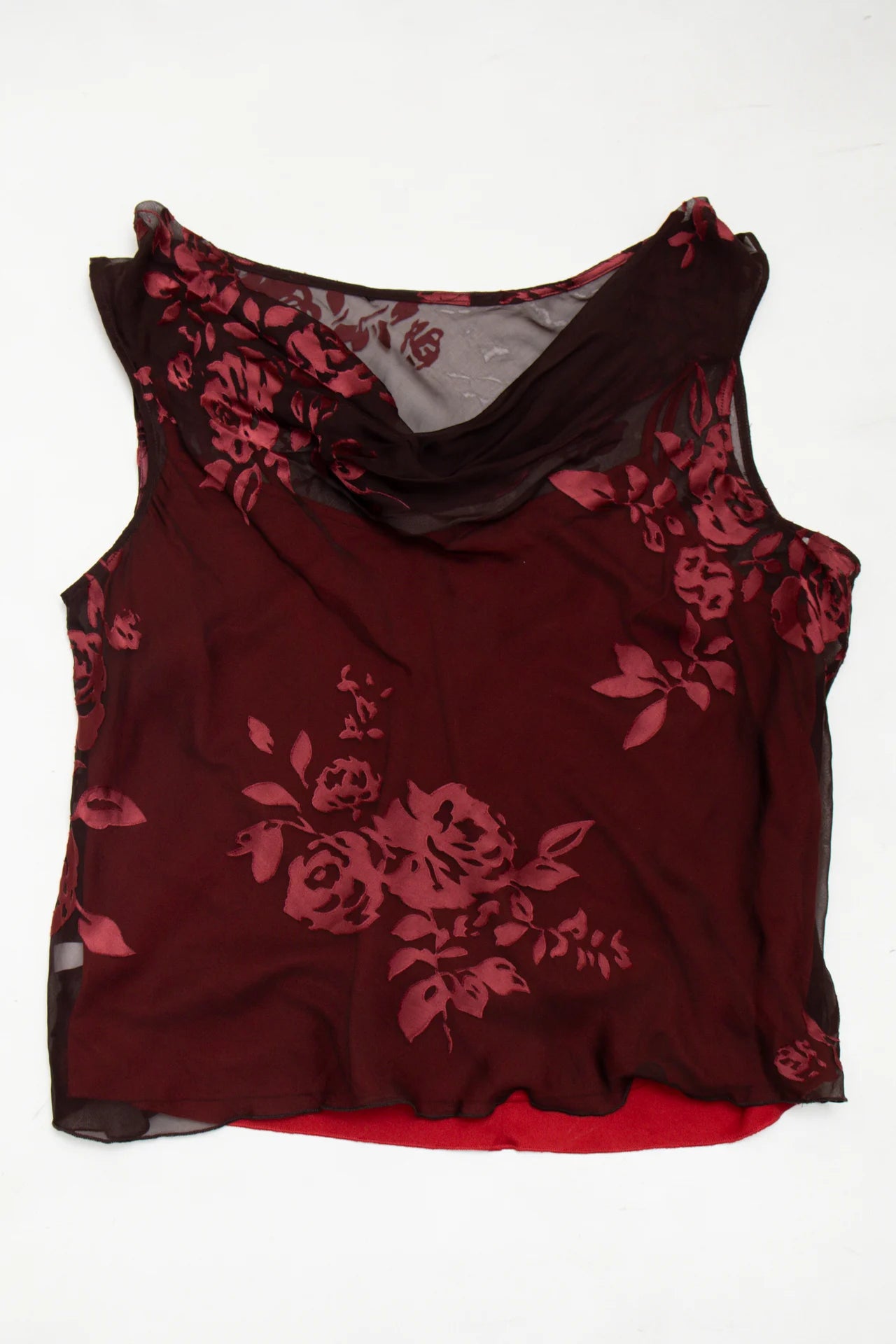 #215 Sleeveless Mesh Cowl-neck Top Red | c. 272 | Size 12