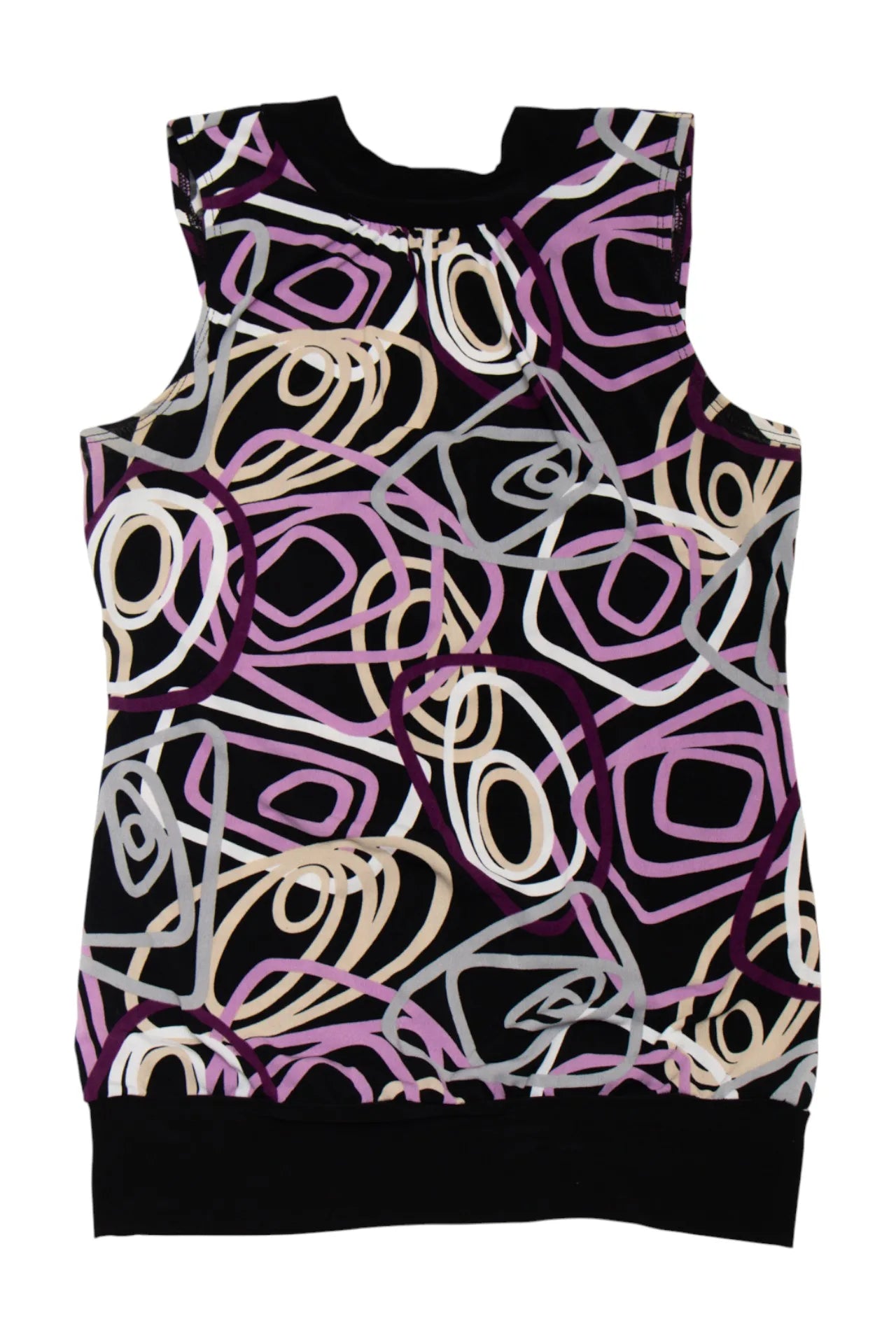 #220 Tempted Sleeveless Abstract Print Knit Top With Neck Tie Black | c. 272 | Size 10