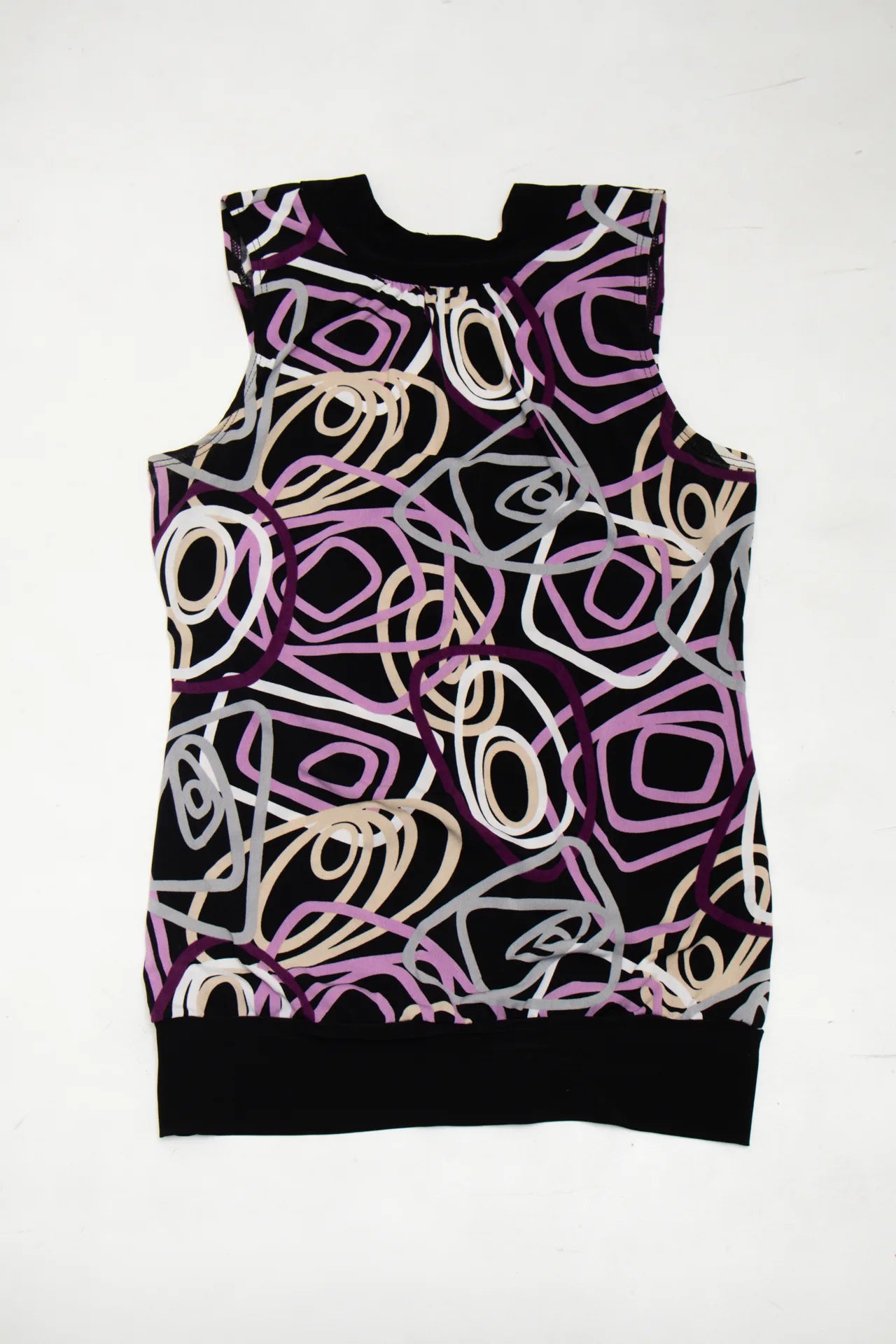 #220 Tempted Sleeveless Abstract Print Knit Top With Neck Tie Black | c. 272 | Size 10