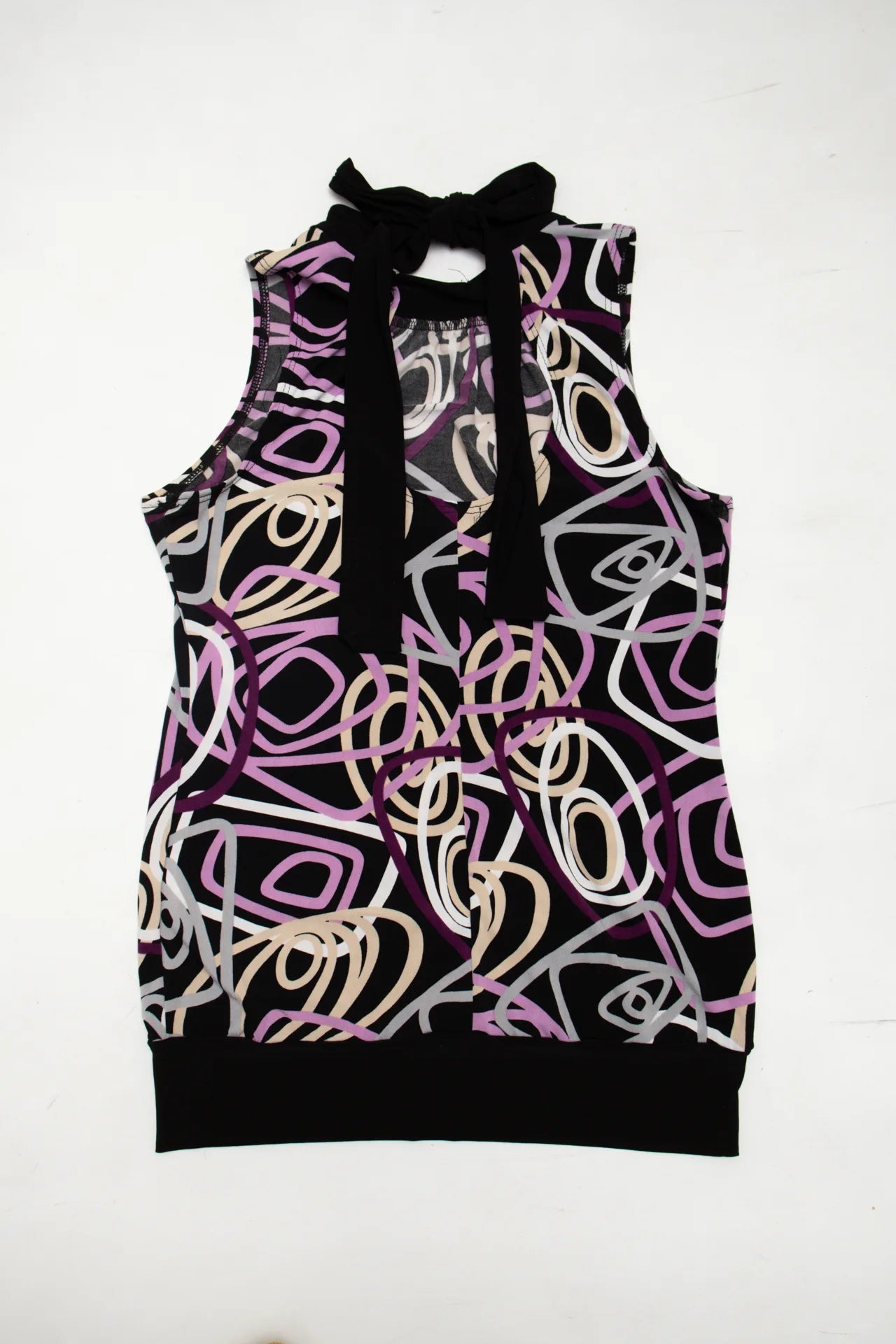 #220 Tempted Sleeveless Abstract Print Knit Top With Neck Tie Black | c. 272 | Size 10