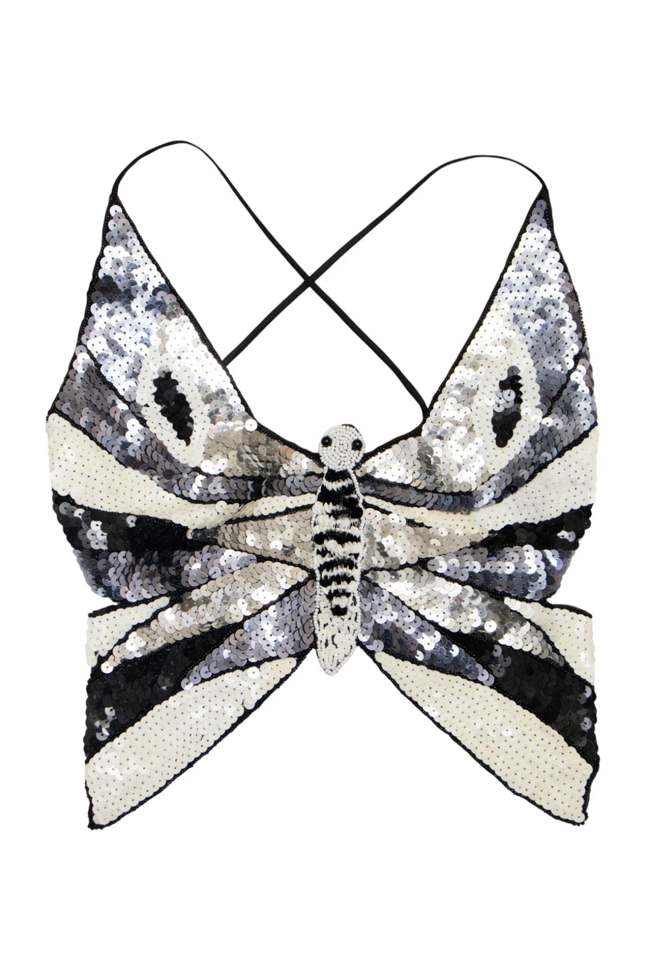 #222 Monochrome Sequin Butterfly Crop Top Black | c. 272 | Size 8/10