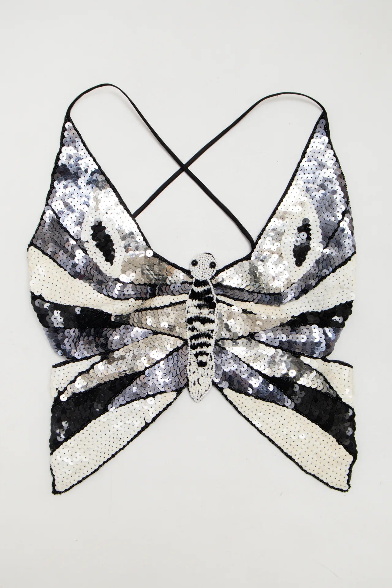 #222 Monochrome Sequin Butterfly Crop Top Black | c. 272 | Size 8/10