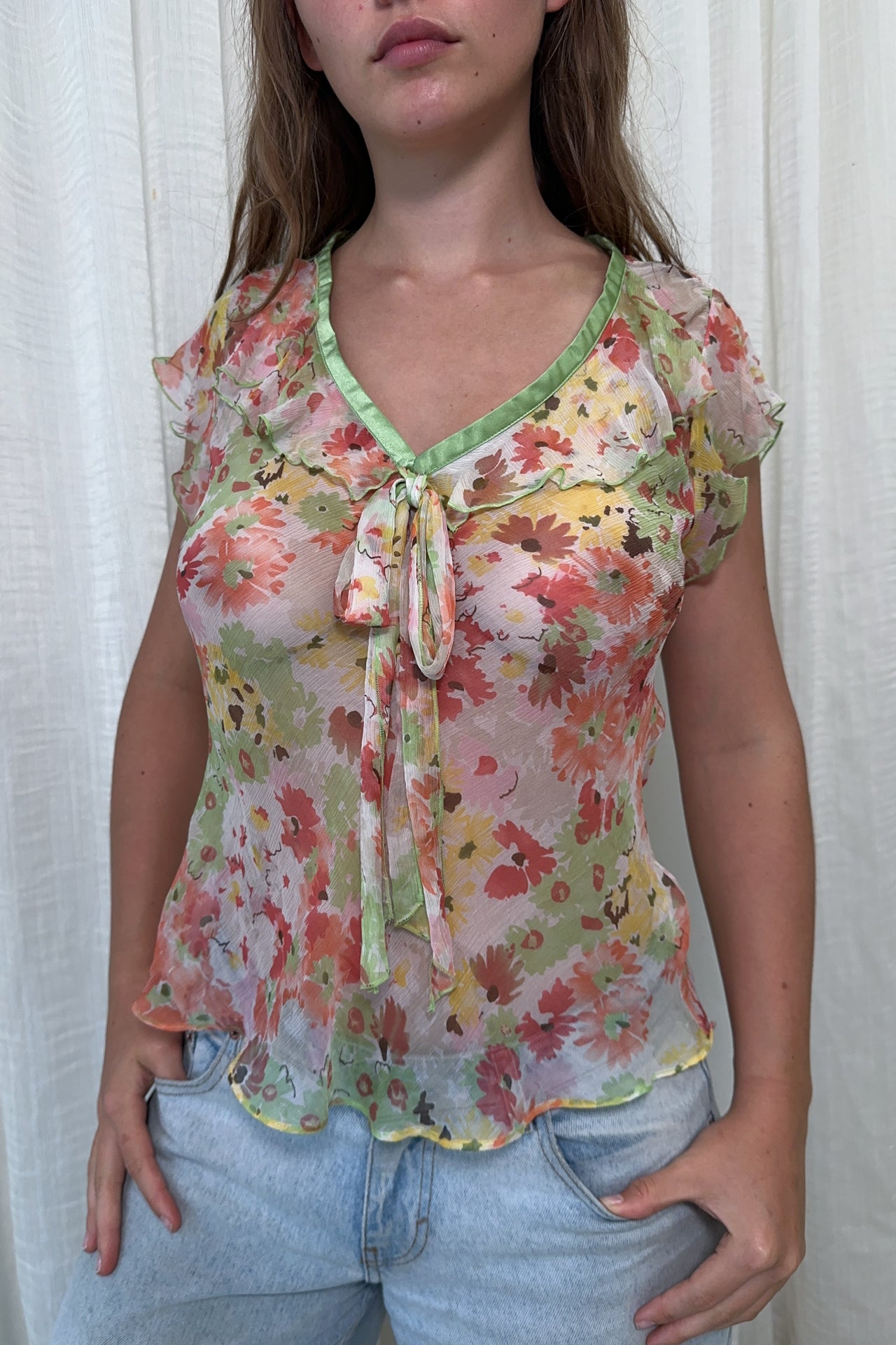 #39 Sunny Leigh Studio Wear By Sunny Leigh Studio Wear By Sunny Leigh Sheer Floral Silk Blouse Orange | c. 172 | Size 10