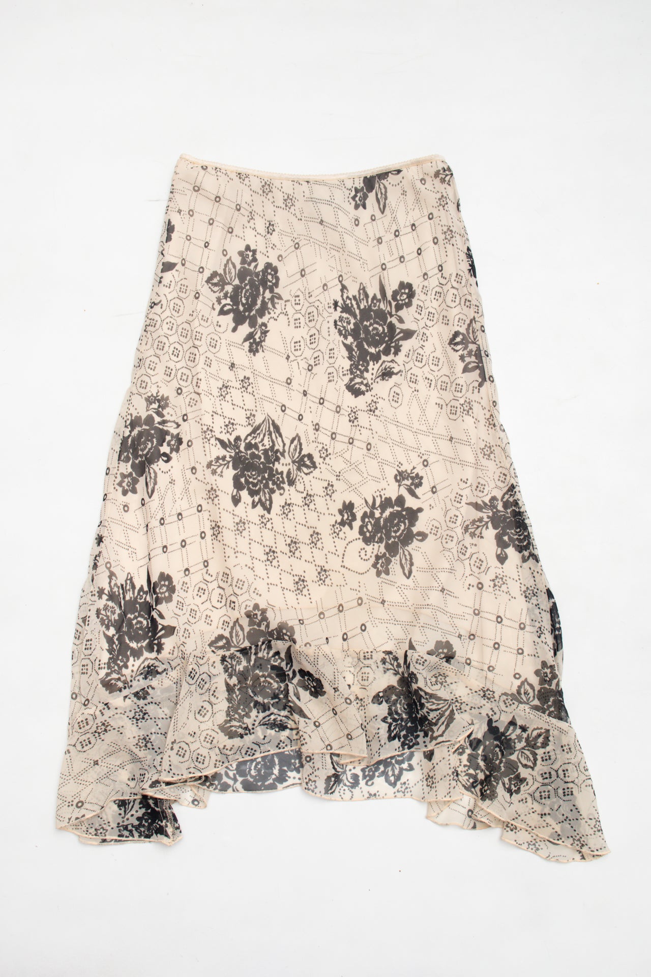 #160 Sheer lined beige pattern midi | c. 153 | Size 10