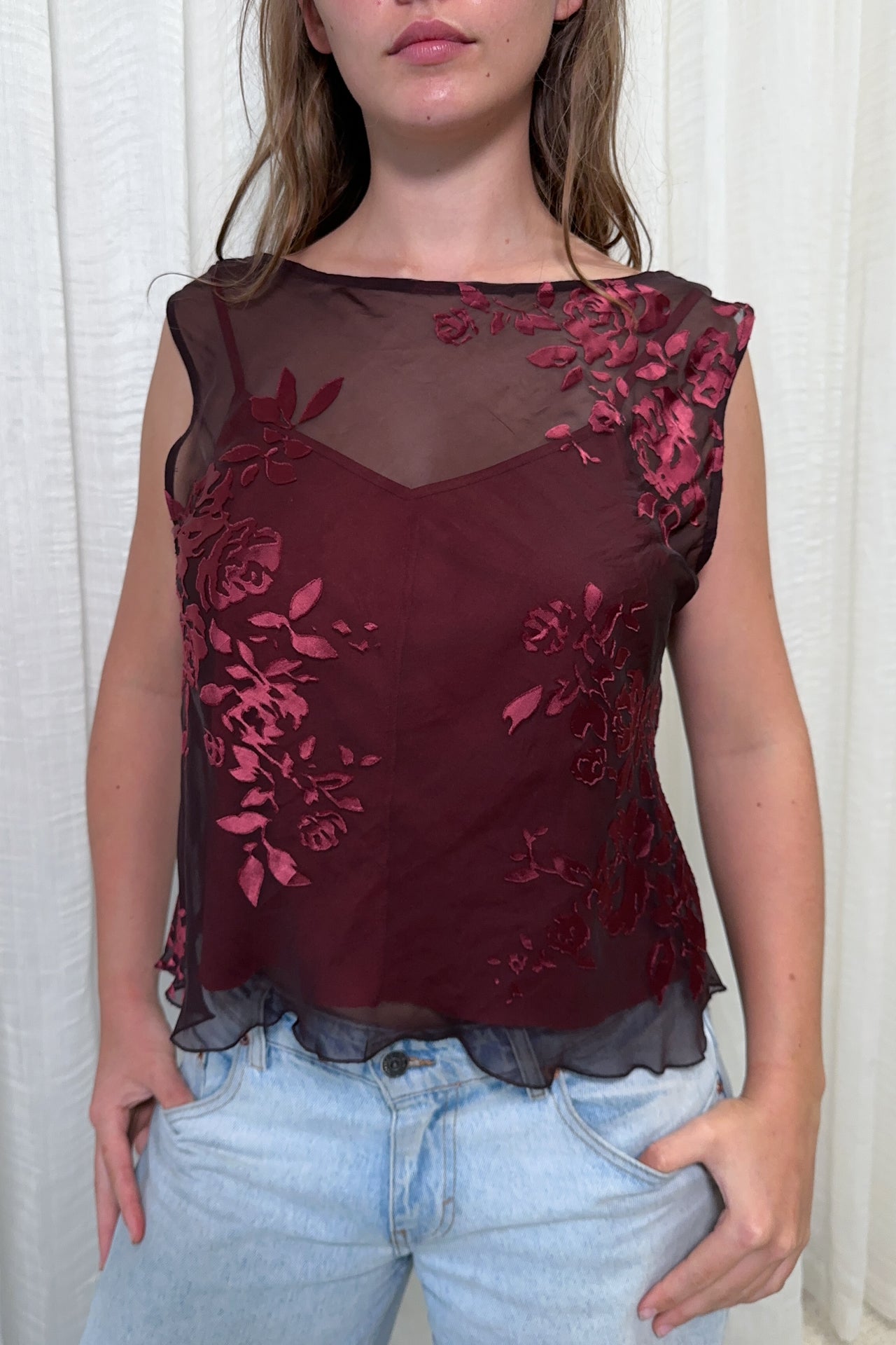 #215 Sleeveless Mesh Cowl-neck Top Red | c. 272 | Size 12