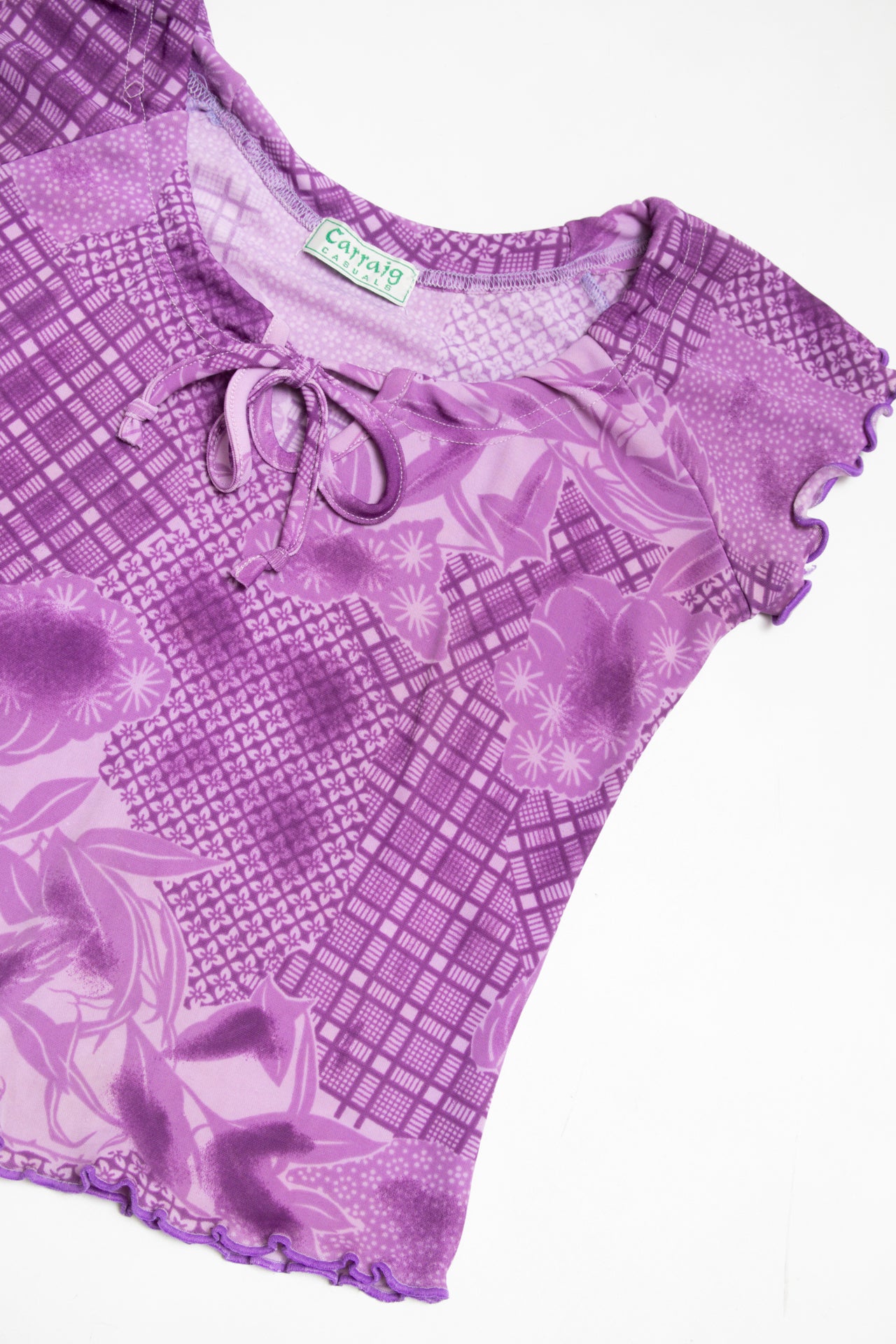 #129 purple floral patterned lettuce trim top | c. 160 | size 10