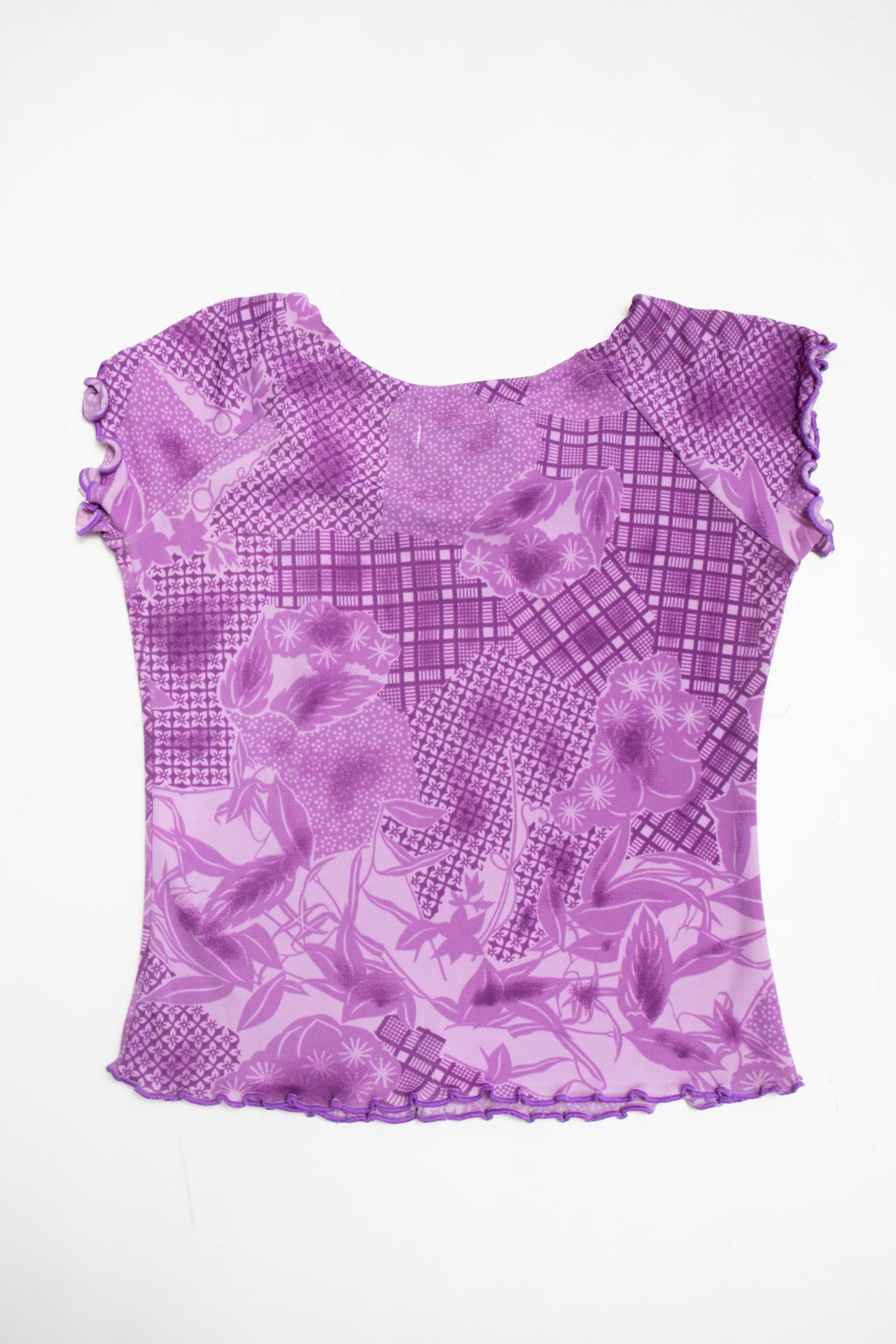 #129 purple floral patterned lettuce trim top | c. 160 | size 10