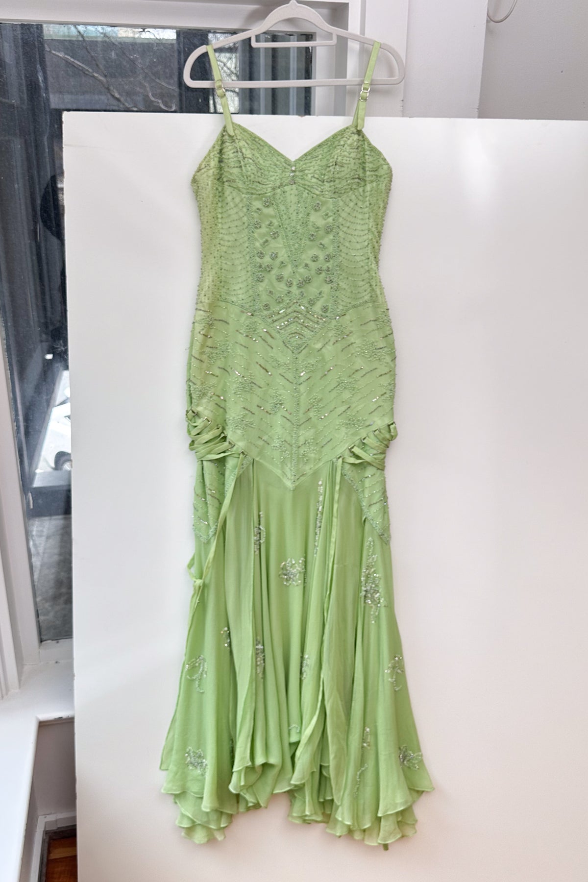 #169 Rare Beaded Silk Corset Gown Green | c. 208 | Size 10