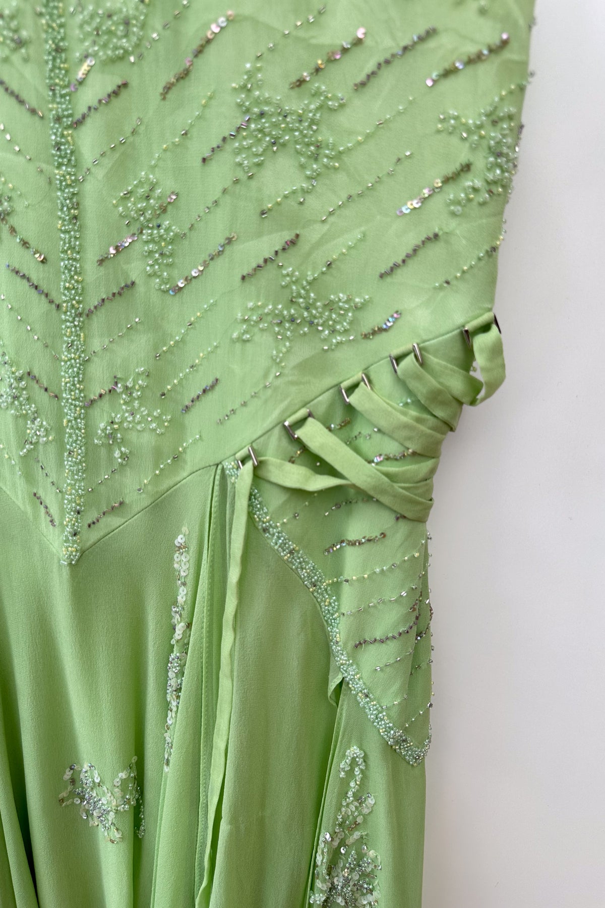 #169 Rare Beaded Silk Corset Gown Green | c. 208 | Size 10