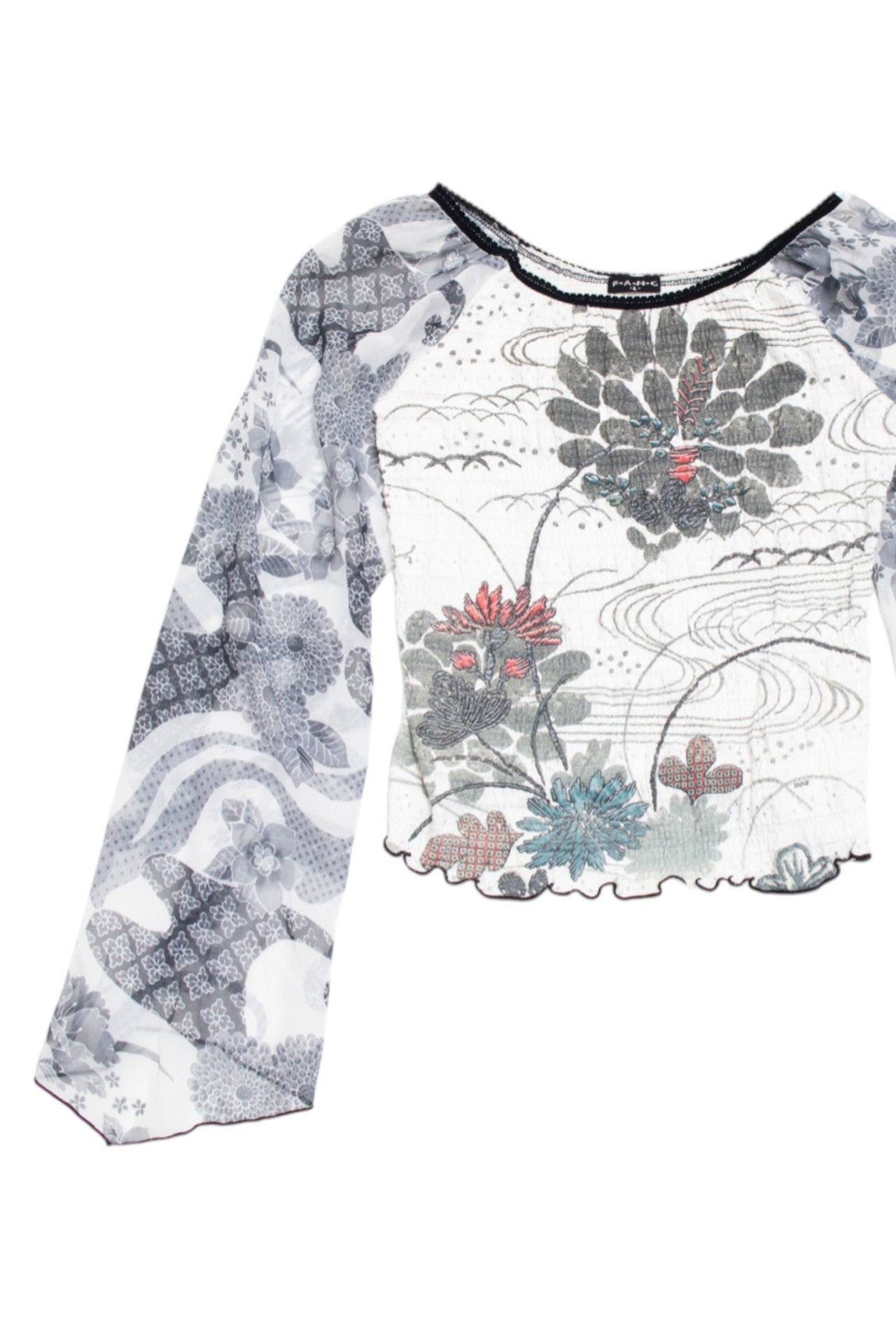 #225 FANG floral multi fabric mesh sleeved top | c. 160 | size 12