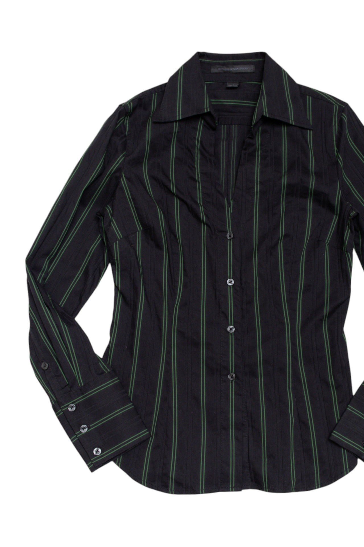 #103 green/black pinstripe button up | c. 161 | size 8